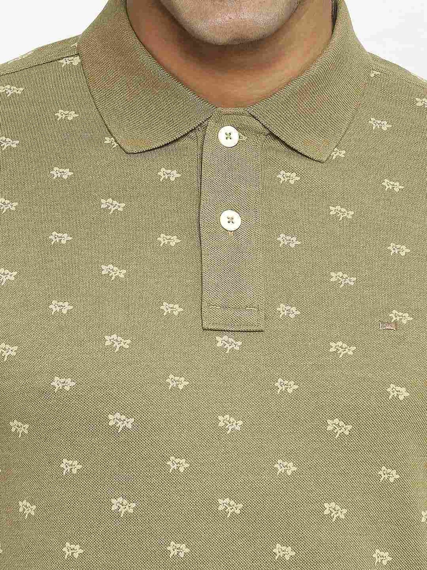 Basics Olive Cotton Muscle Fit Printed Polo T-Shirt