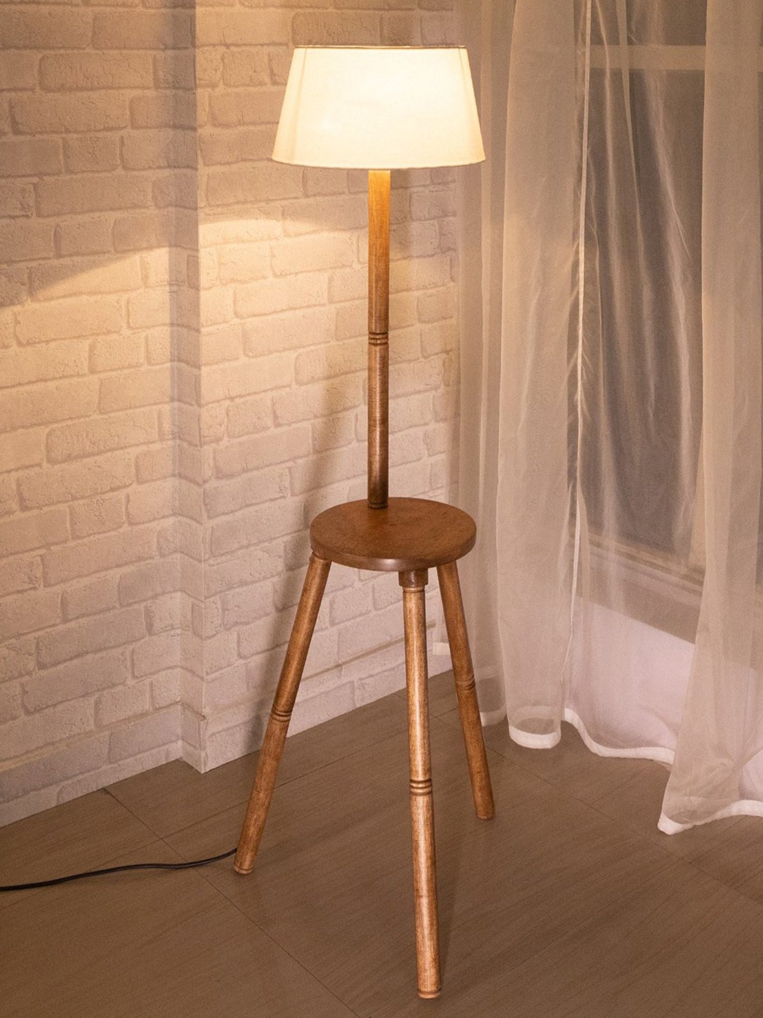 Homesake 'Tripod' White & Brown Wood Tall Floor Lamp With Shade & Bulb - Set of 1