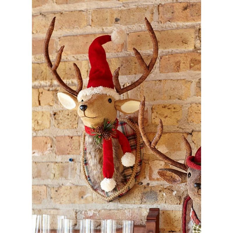 Diva At Home 21" Christmas Plaid Mounted And Dressed Reindeer Bust With Scarf and Santa Hat