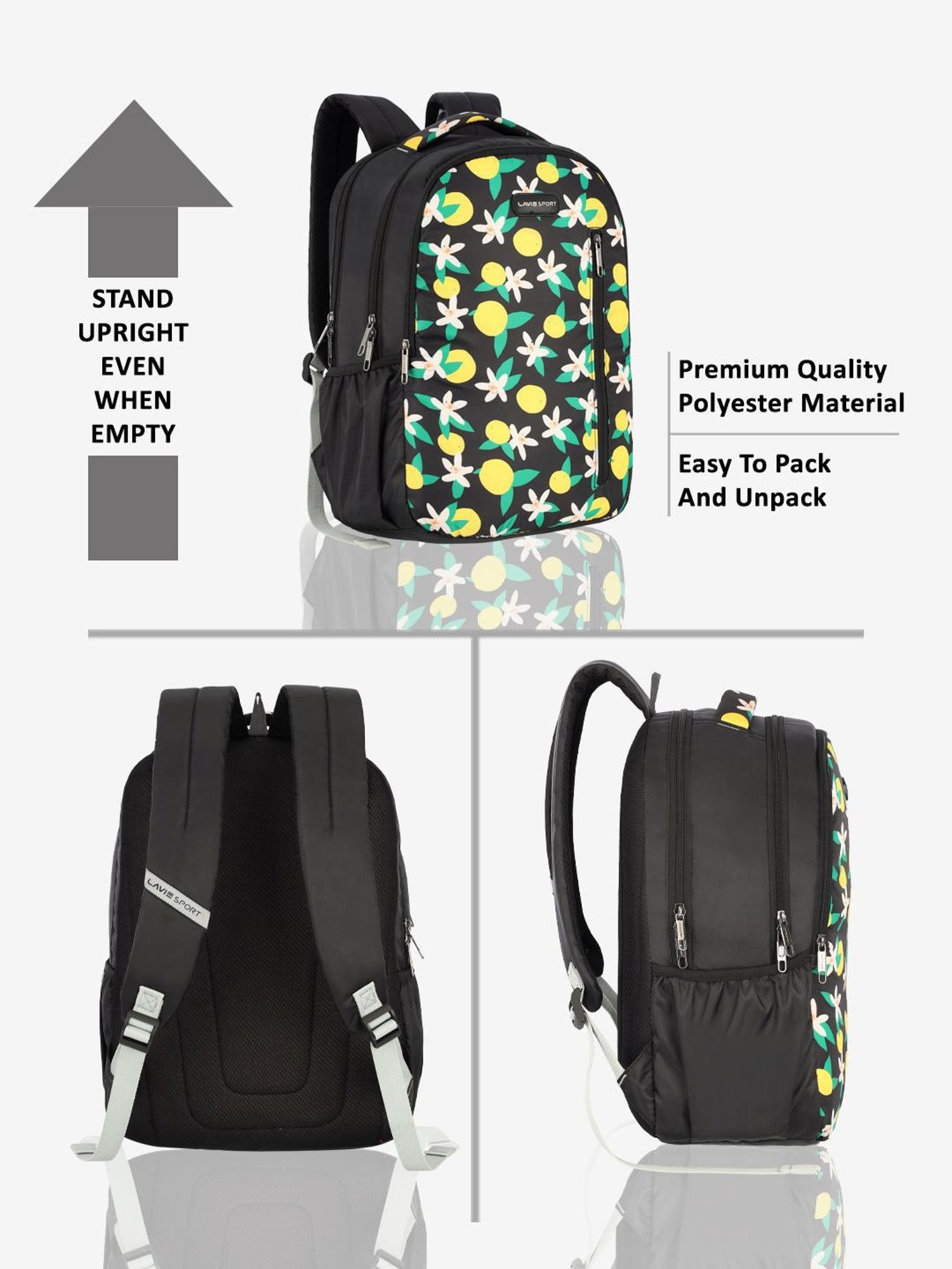 Lavie Sport Lime 26L Floral Printed School Backpack for Girls (Black)