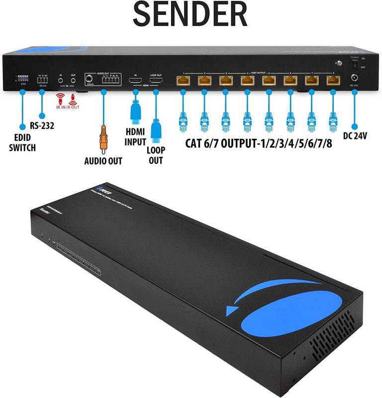 1x8 HDMI Extender Splitter HDBaseT 4K by OREI Multiple Over Single Cable CAT6/7 4K@60Hz 4:4:4 HDCP 2.2 With IR Remote EDID Management, HDR - Up to 400 Ft - Loop Out - Low Latency - Full Support