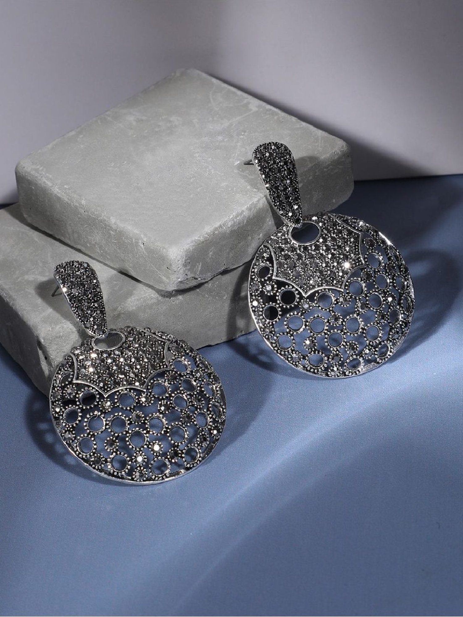 Sohi Women's Antique Dome Drop Earrings  Silver