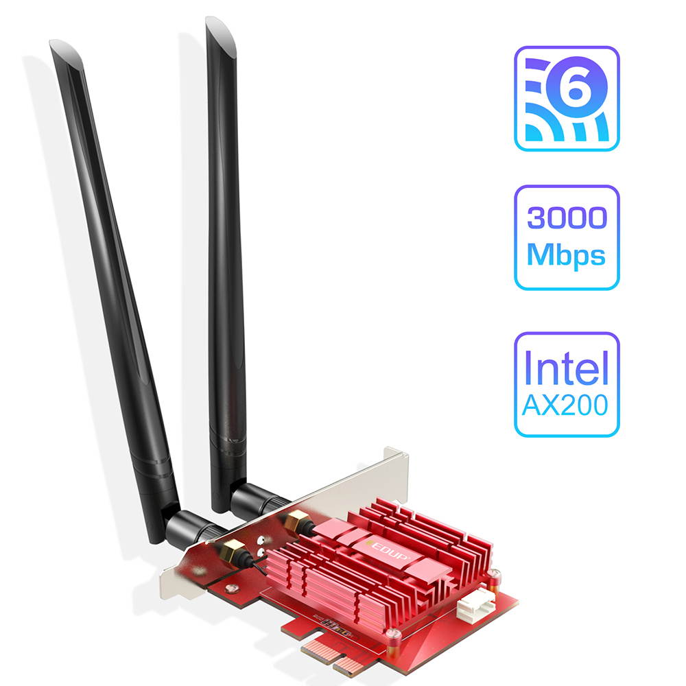 EDUP WiFi 6 Card AX 3000Mbps PCIe Network Card AX200 802.11AX 2.4Ghz/5.8Ghz with Bluetooth 5.0 & Heat Sink Wireless PCI Express Wi-Fi Adapters Dual Band Antenna for Windows 10 64-bit
