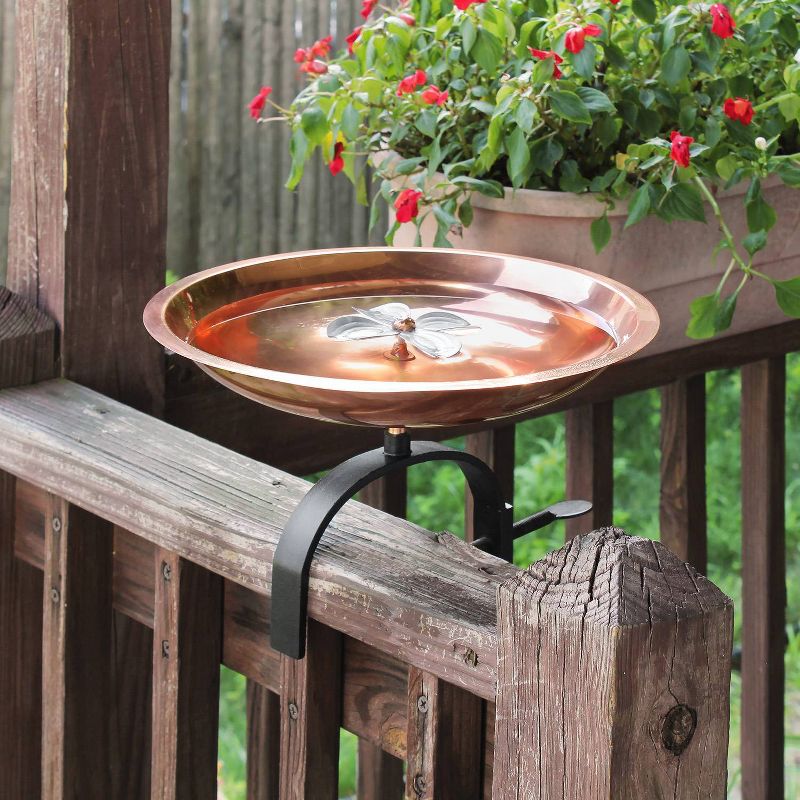 7.5" Dogwood Garden Birdbath with Over Rail Bracket Copper Plated and Colored Patina Finish - ACHLA Designs