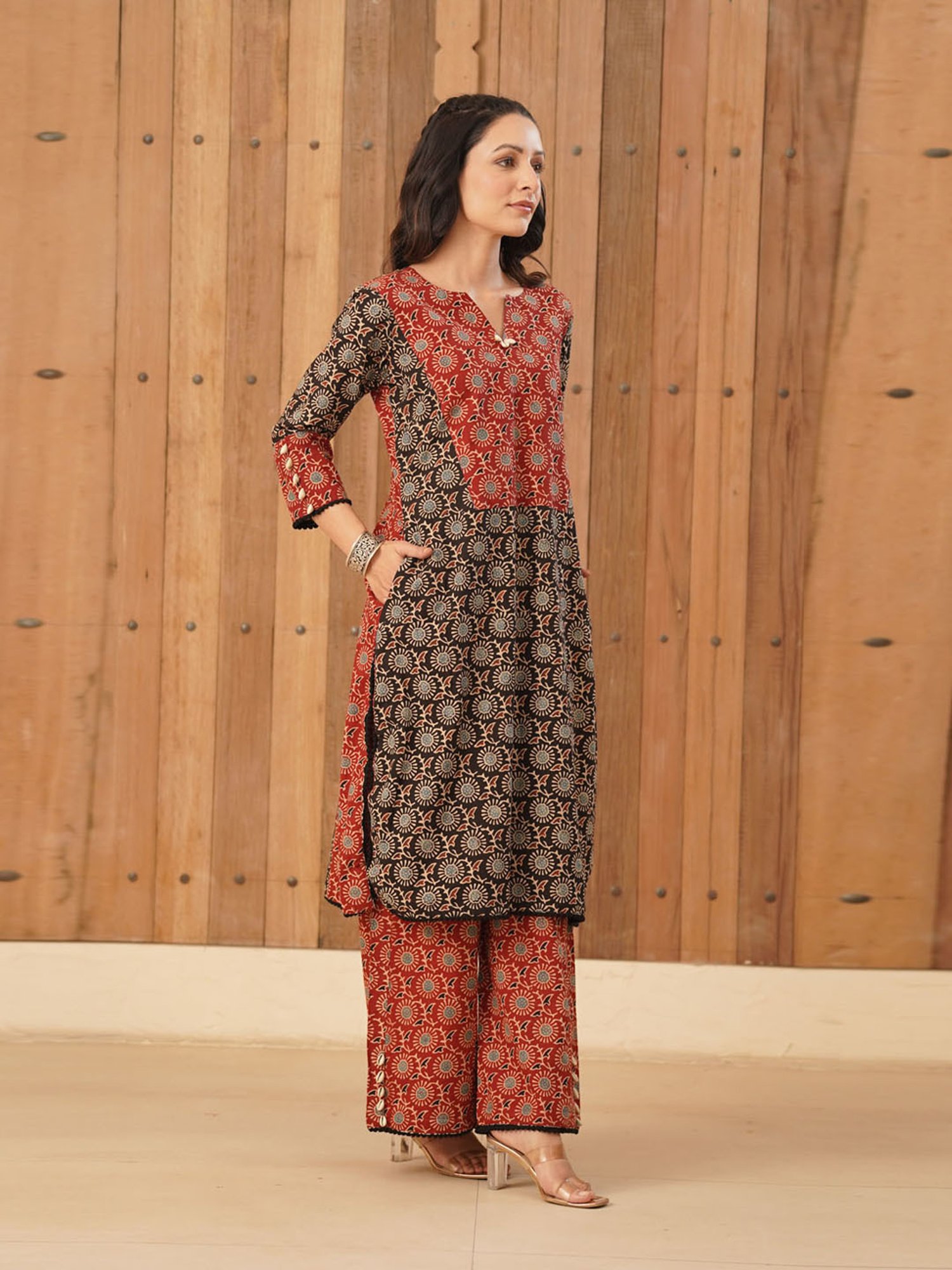 Love Chic Ajrakh Cotton Kurta with cowrie shells and crochet lace details
