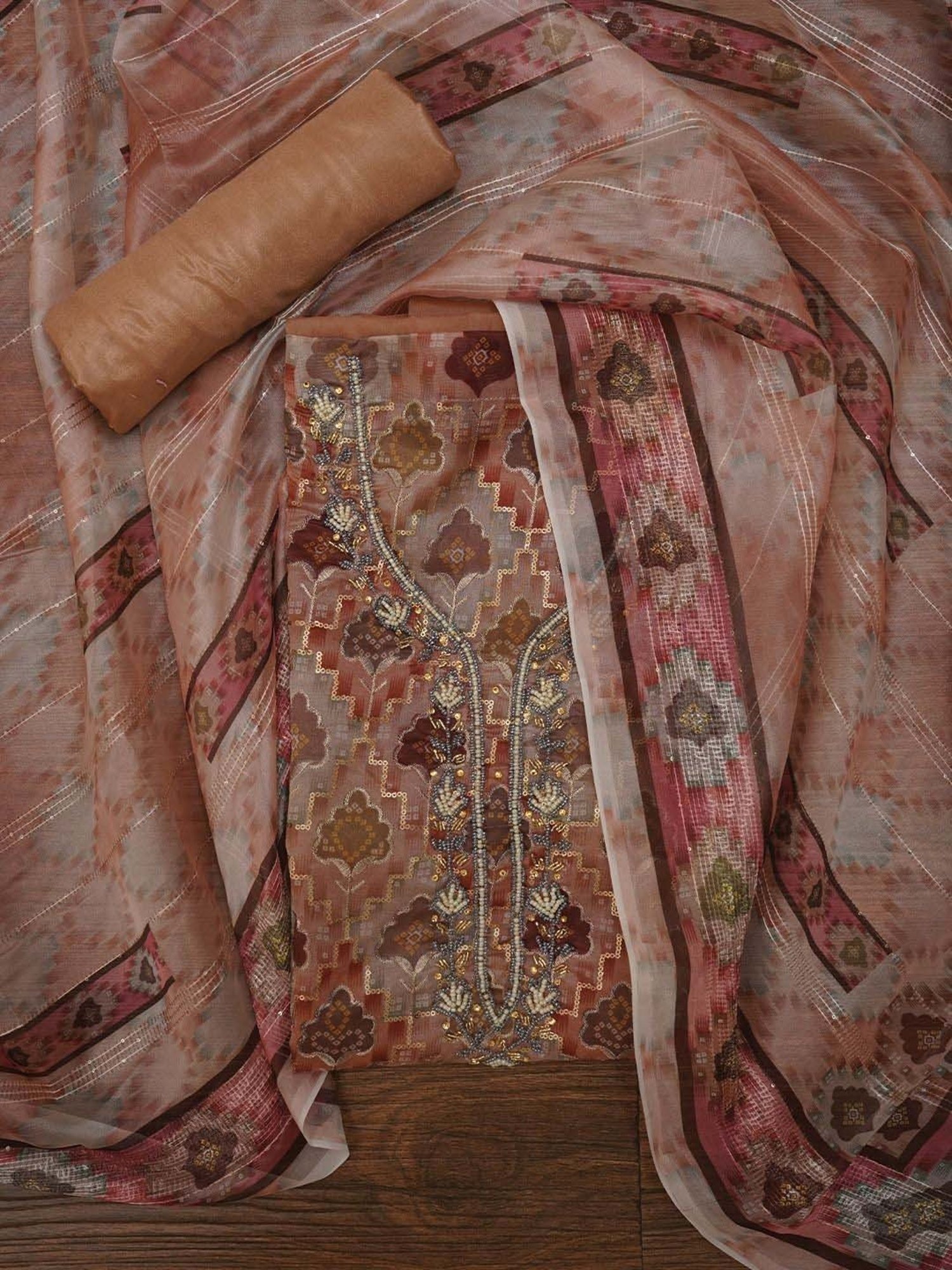 Jaipur Kurti Rust Embroidered Unstitched Dress Material