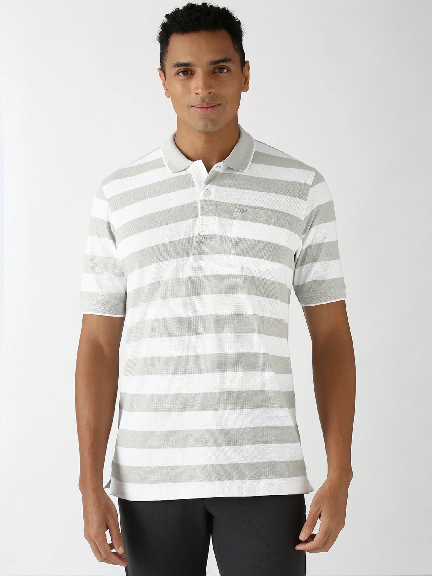 Peter England Grey Regular Fit Striped Polo T-Shirt