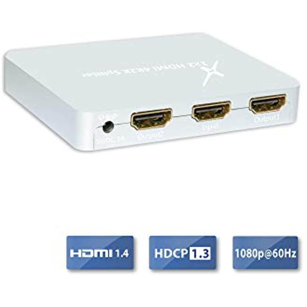 XtremPro HDMI Splitter Slim 1x2 Ports, 1 in 2 out Aluminium Splitter w/ AC Adapter, Supports HDTV, 4K2K 1080P, Full 3D for PS, Xbox, Nintendo, Projector - Silver (62102KA)
