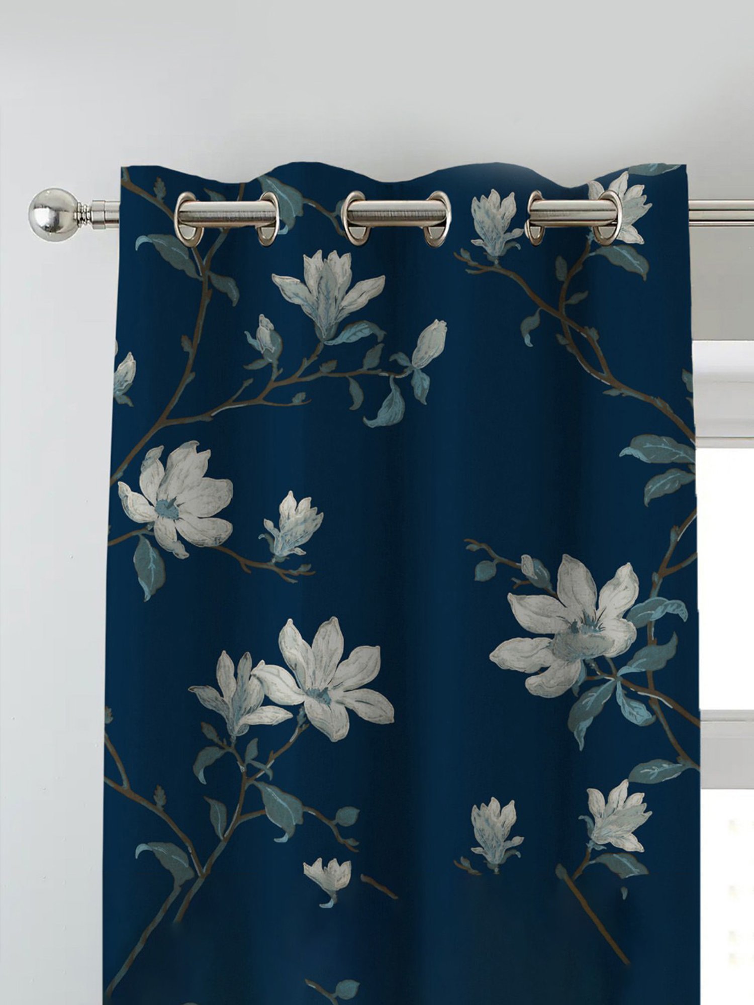 SPACES DRAPE STORY Elegant Floral Blue & Beige Polyester 7 ft Door Curtains - Set of 4