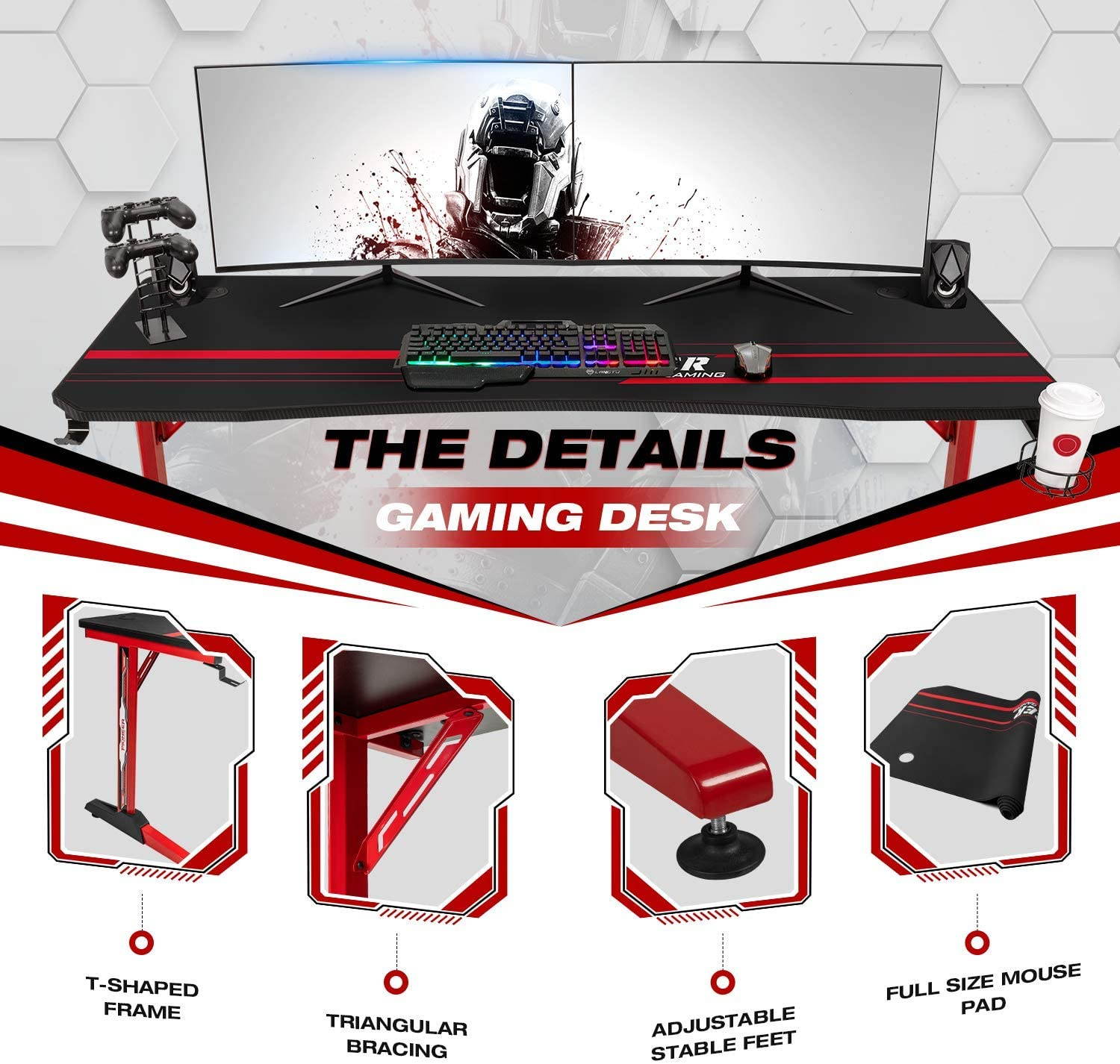 Devoko 55 Inch Gaming Desk T-Shaped PC Computer Table with Free Mouse Pad Carbon Fibre Surface Home Office Desk Gamer Table with Game Handle Rack Headphone Hook and Cup Holder (Black)