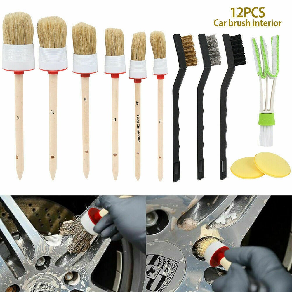 12pcs Car Detailing Brush Kit Boar Hair Vehicle Auto Wheel Clean Brush Set