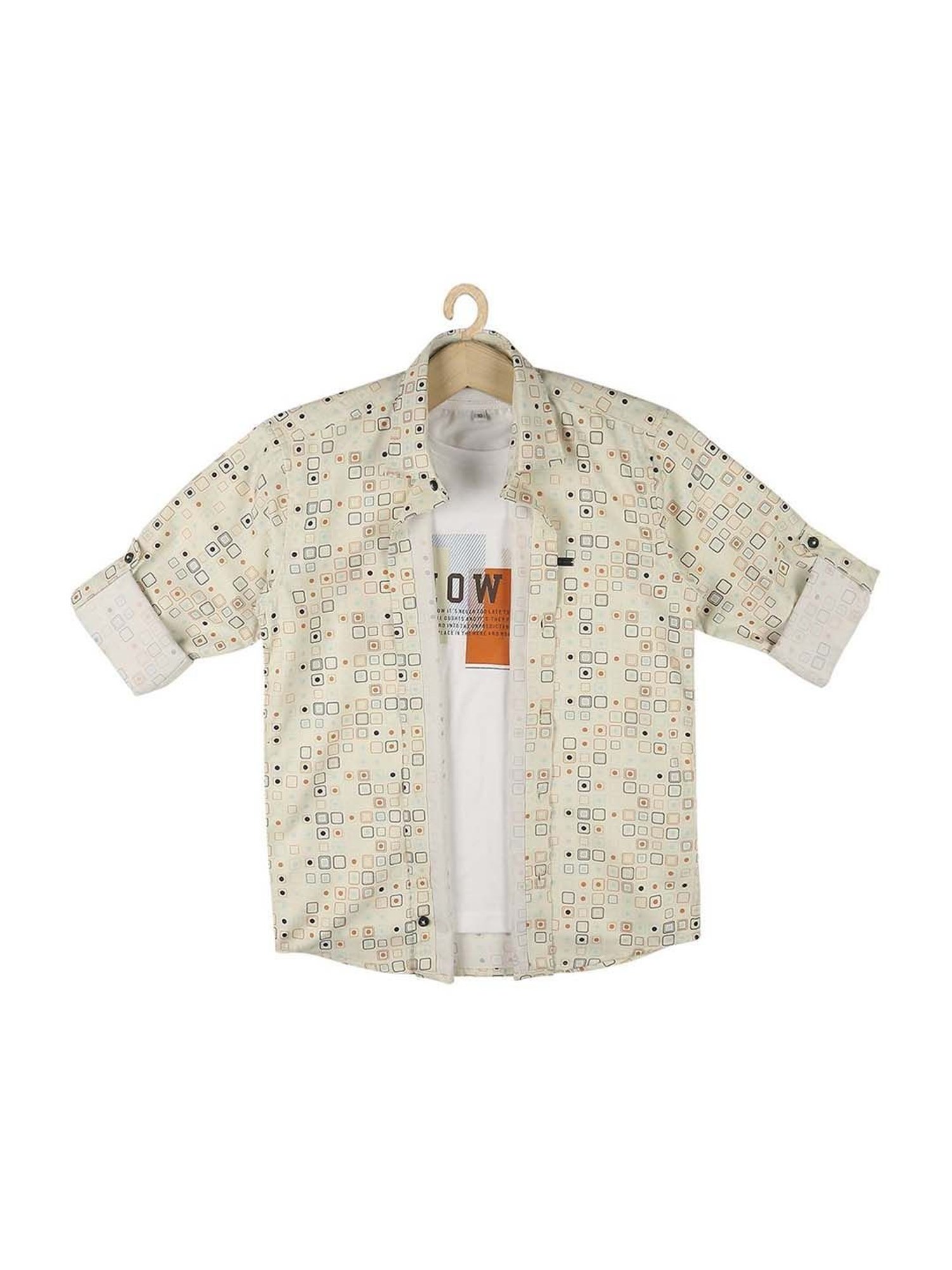 Cavio Kids Cream & White Cotton Printed Full Sleeves Shirt Set