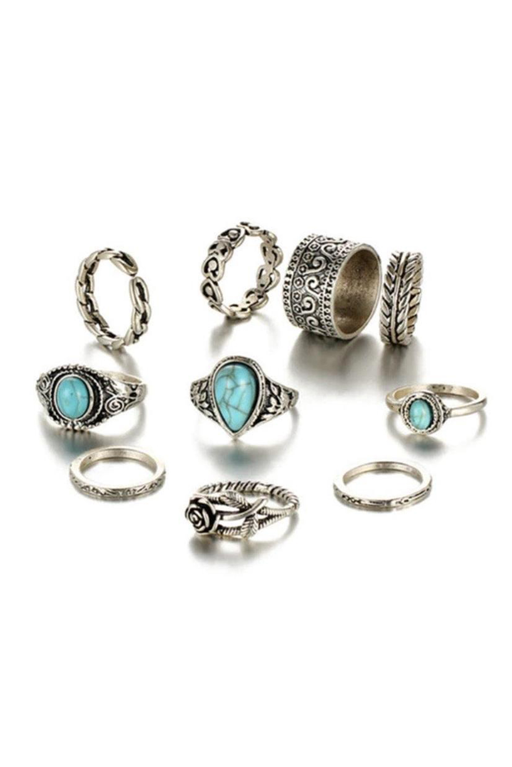 Green 8Pcs Vintage Turquoise Ring Set