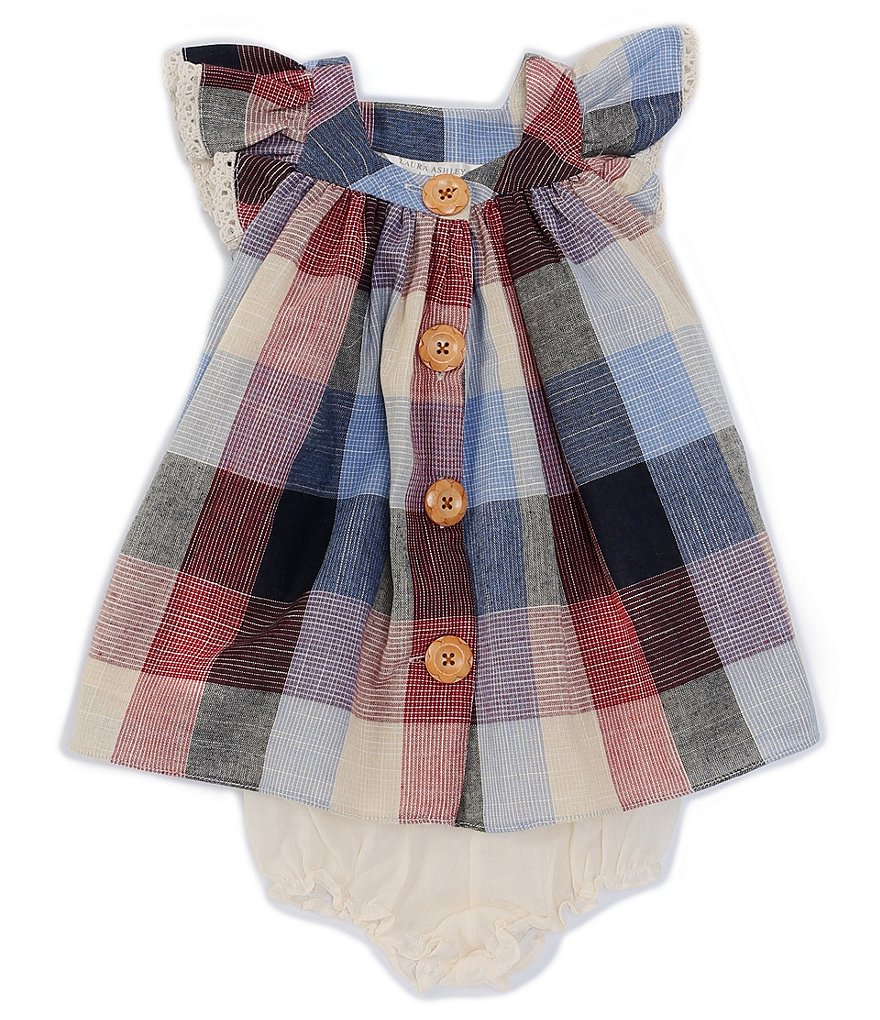 Laura Ashley Baby Girls Newborn-24 Months Flutter-Sleeve Large Check Babydoll Dress