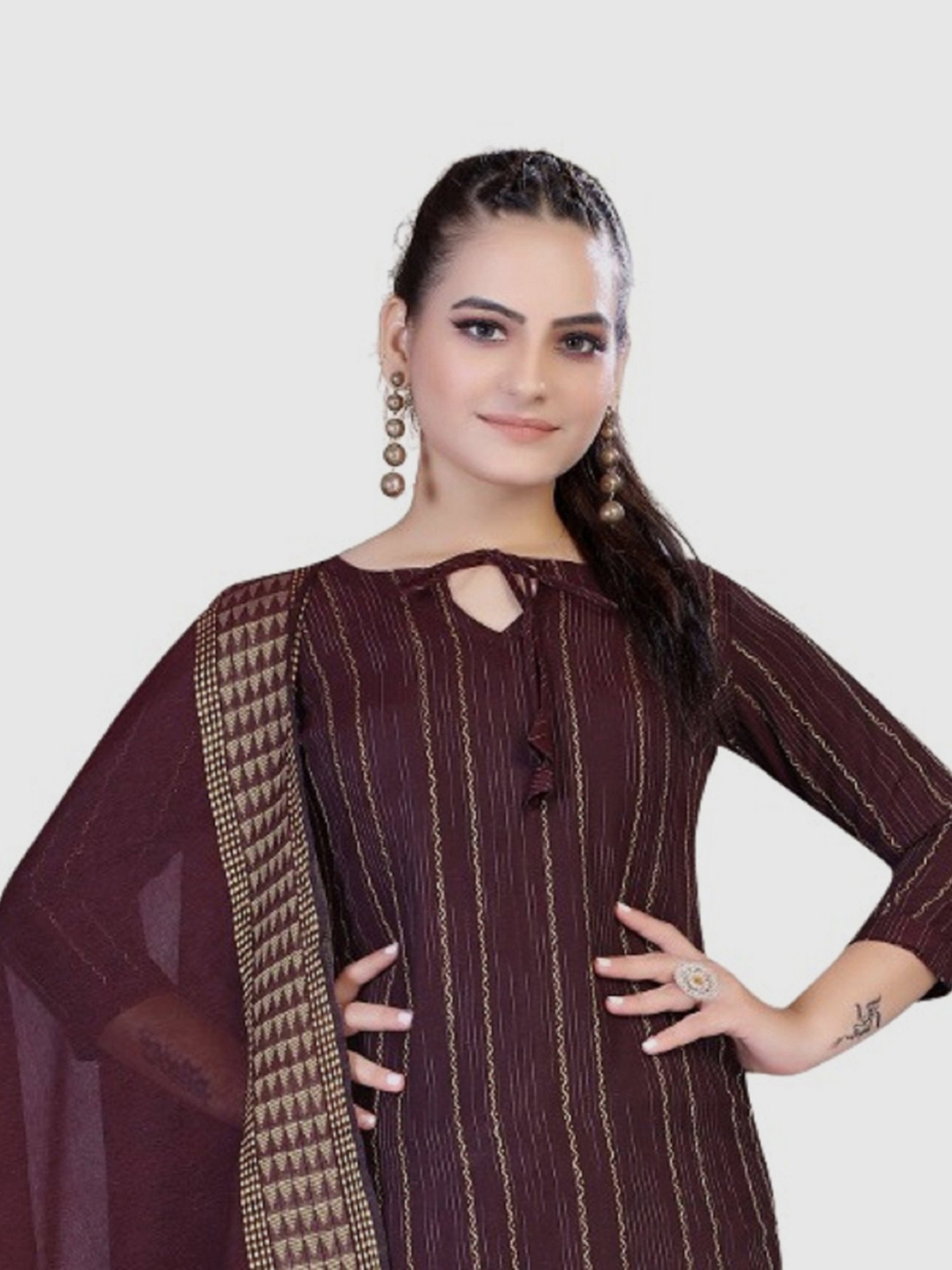 APNISHA Maroon Cotton Striped Unstitched Dress Material