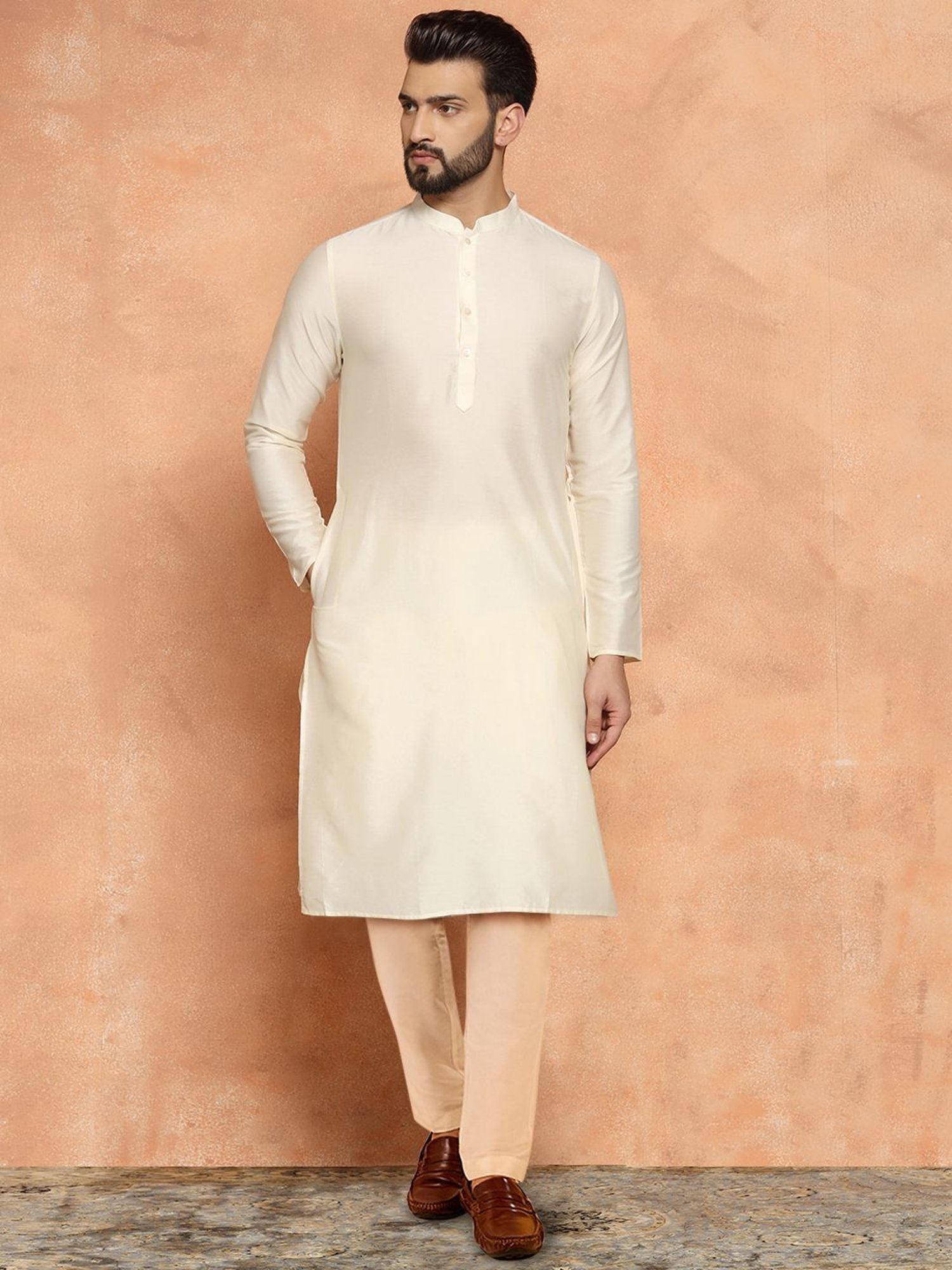 Kisah Beige & Green Regular Fit Jacquard Sherwani Set