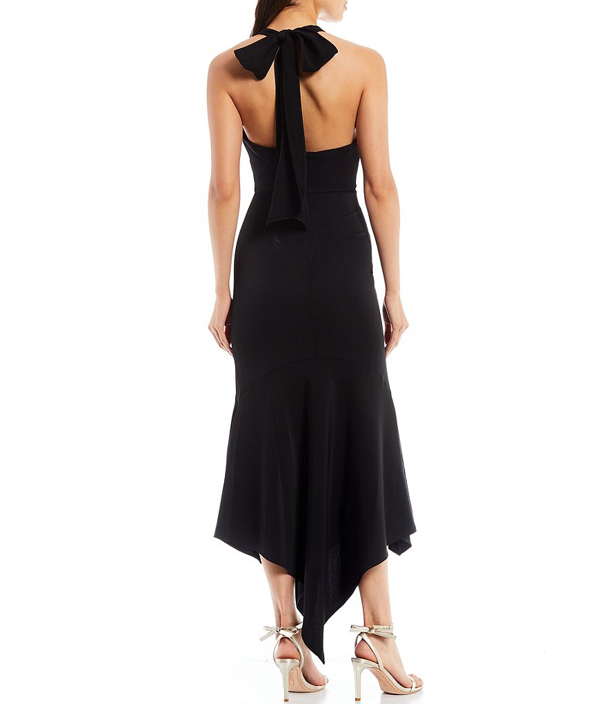 Belle Badgley Mischka Elynne Asymmetrical Hem Tie Halter Dress