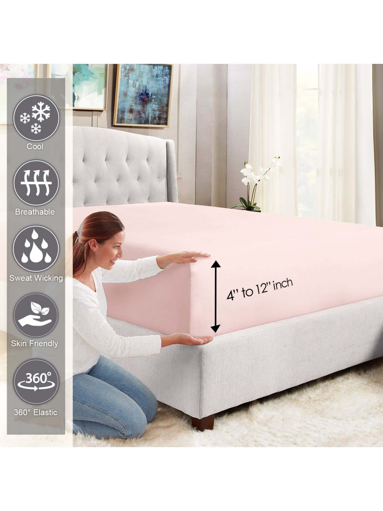 Pizuna 400TC 100% Cotton Light Pink Fitted Bed Sheet King Size With 2 Pillow Cover
