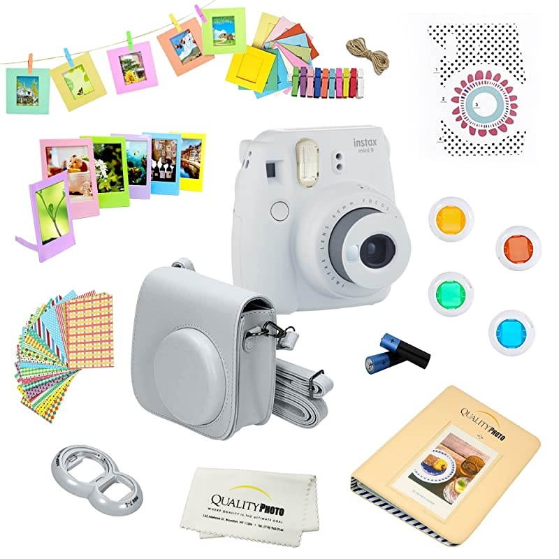 Instax Mini 9 Camera + 14 PC Instax Accessories kit Bundle Includes Instax Case + Album + Frames amp Stickers + Lens Filters + More Smokey White