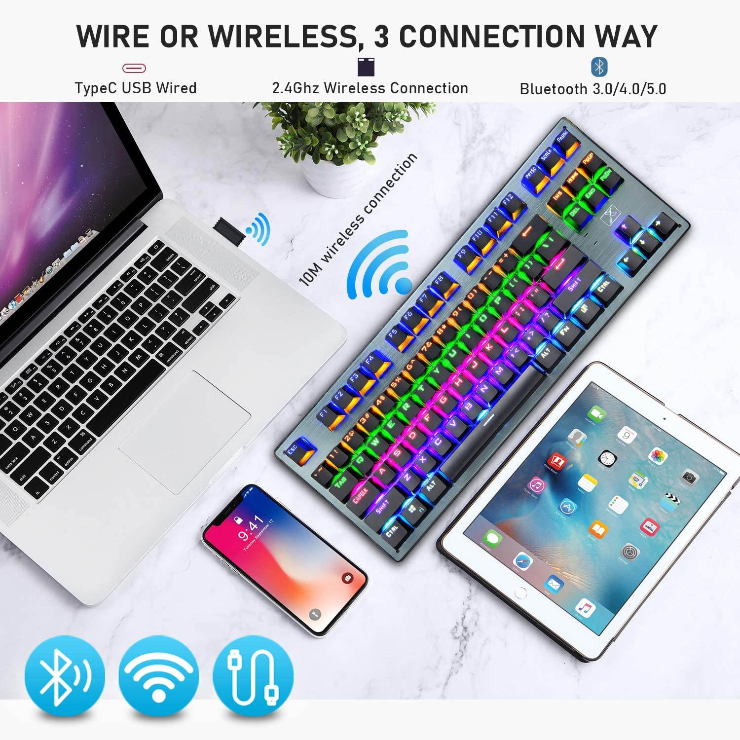 Bluetooth Mechanical Gaming Keyboard with LED Backlit 87 Anti-Ghosting Key Wired/Wireless USB Receiver Rechargeable Keyboard for PC Mac Gamer