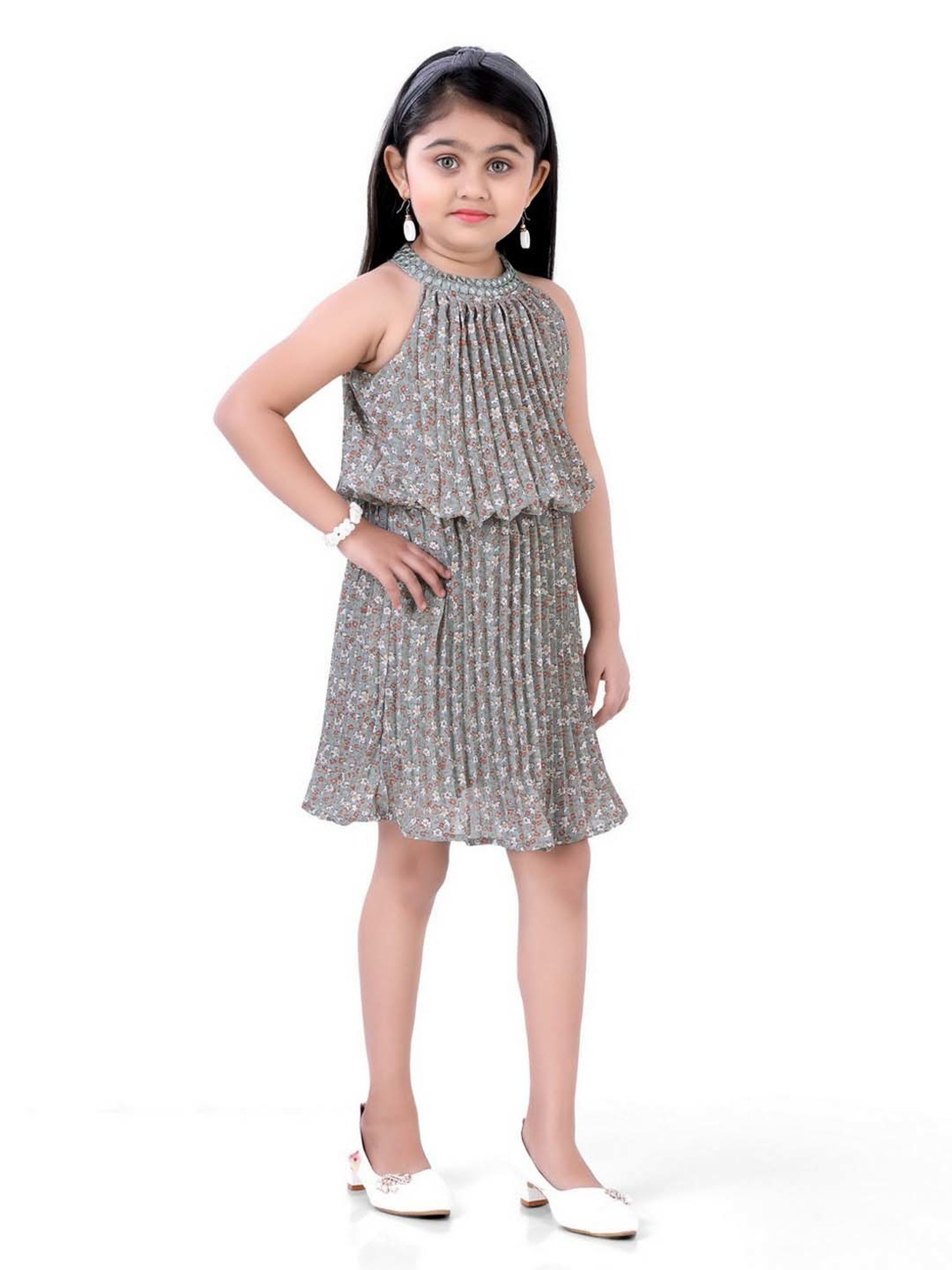 poplins Kids Green Cotton Floral Print Dress