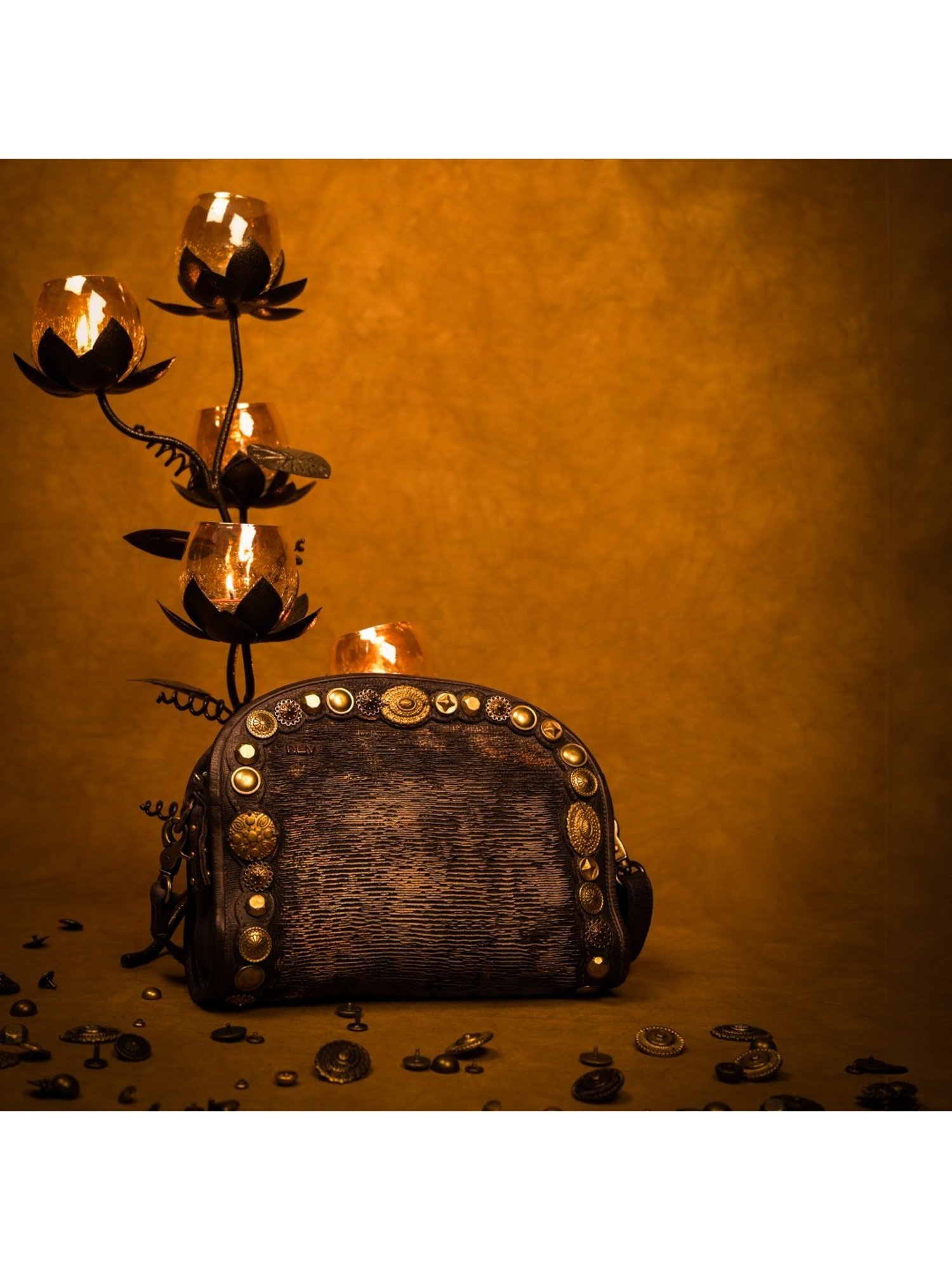 Art N Vintage Silvia Grey Leather Embellished Medium Sling Handbag