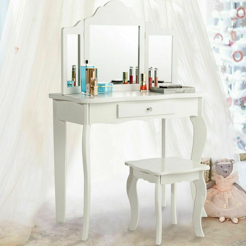 Costway Vanity Table Set Makeup Dressing Table Kids Stool Mirror