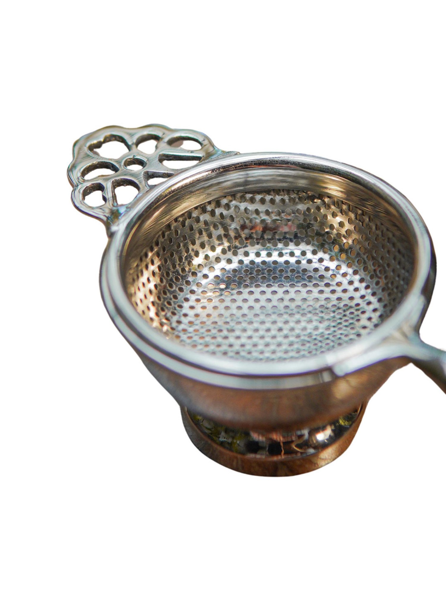 Ambi Pure Brass Punched Flower Medium Sized Tea Strainer - Gold Matte Finish With Wooden Handle