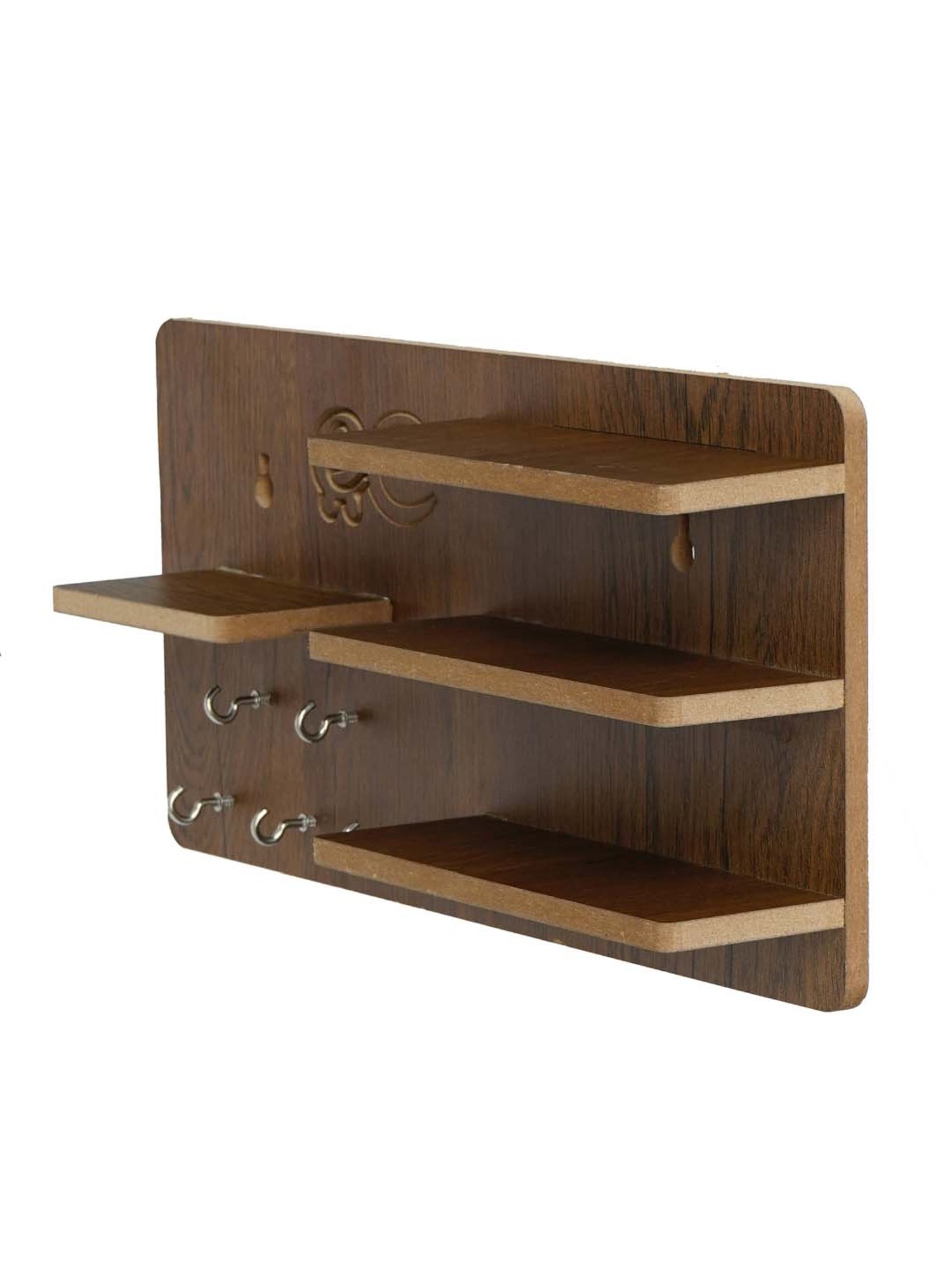 eCraftIndia Brown Wooden 5-in-1 Hook Keyholder With Shelf