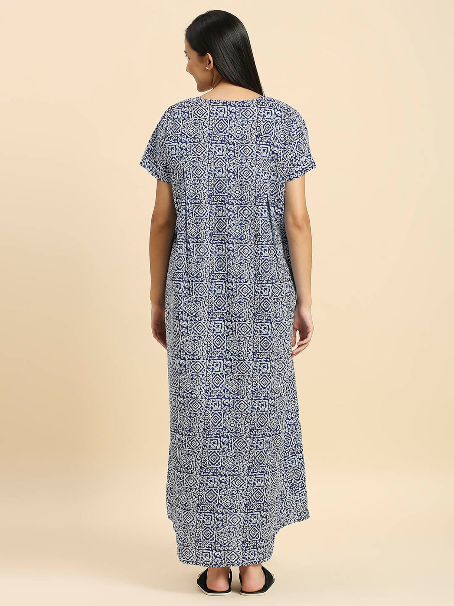 MomToBe Blue Cotton Printed Feeding Nighty