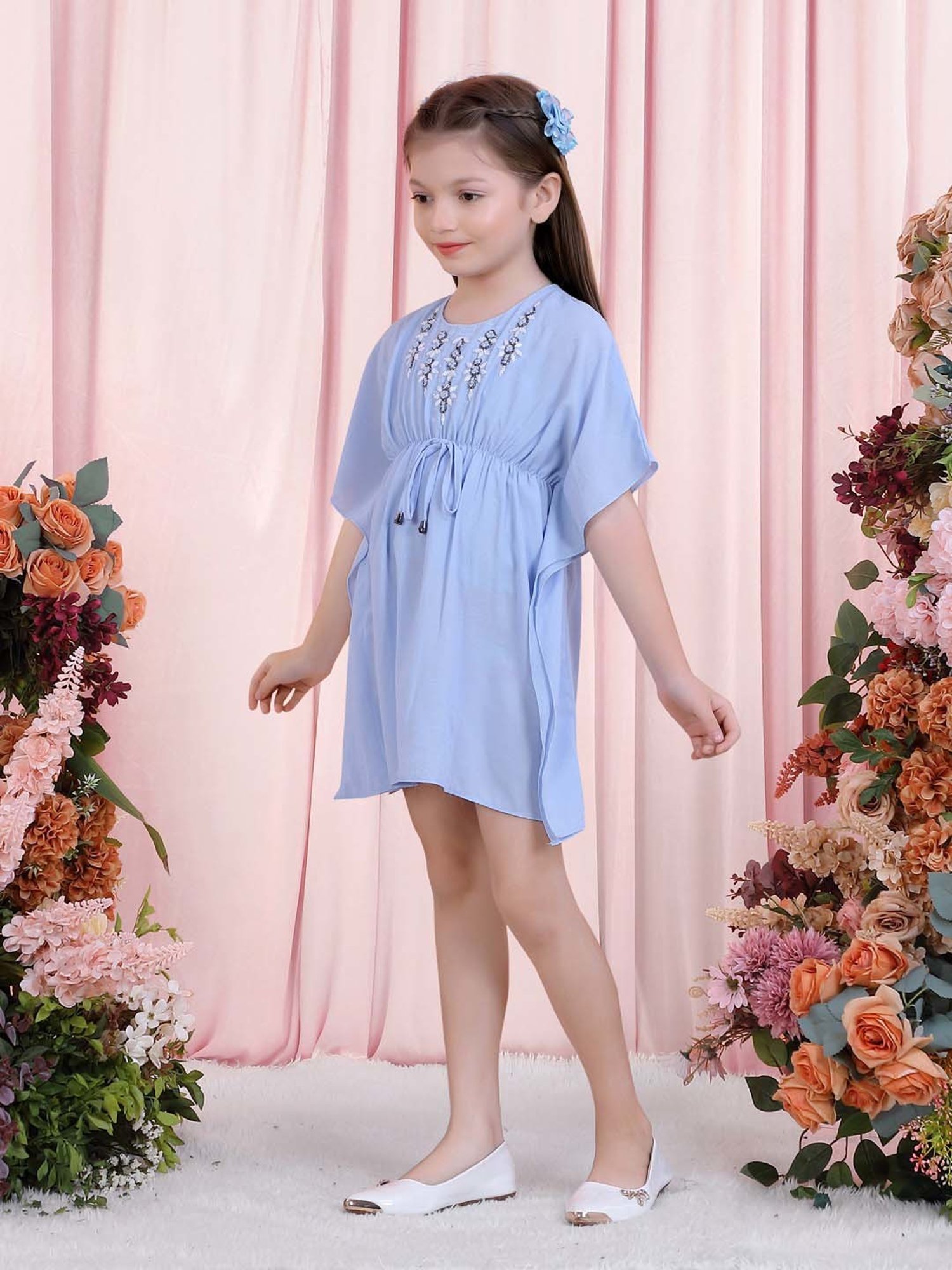 poplins Kids Blue Cotton Embroidered Dress