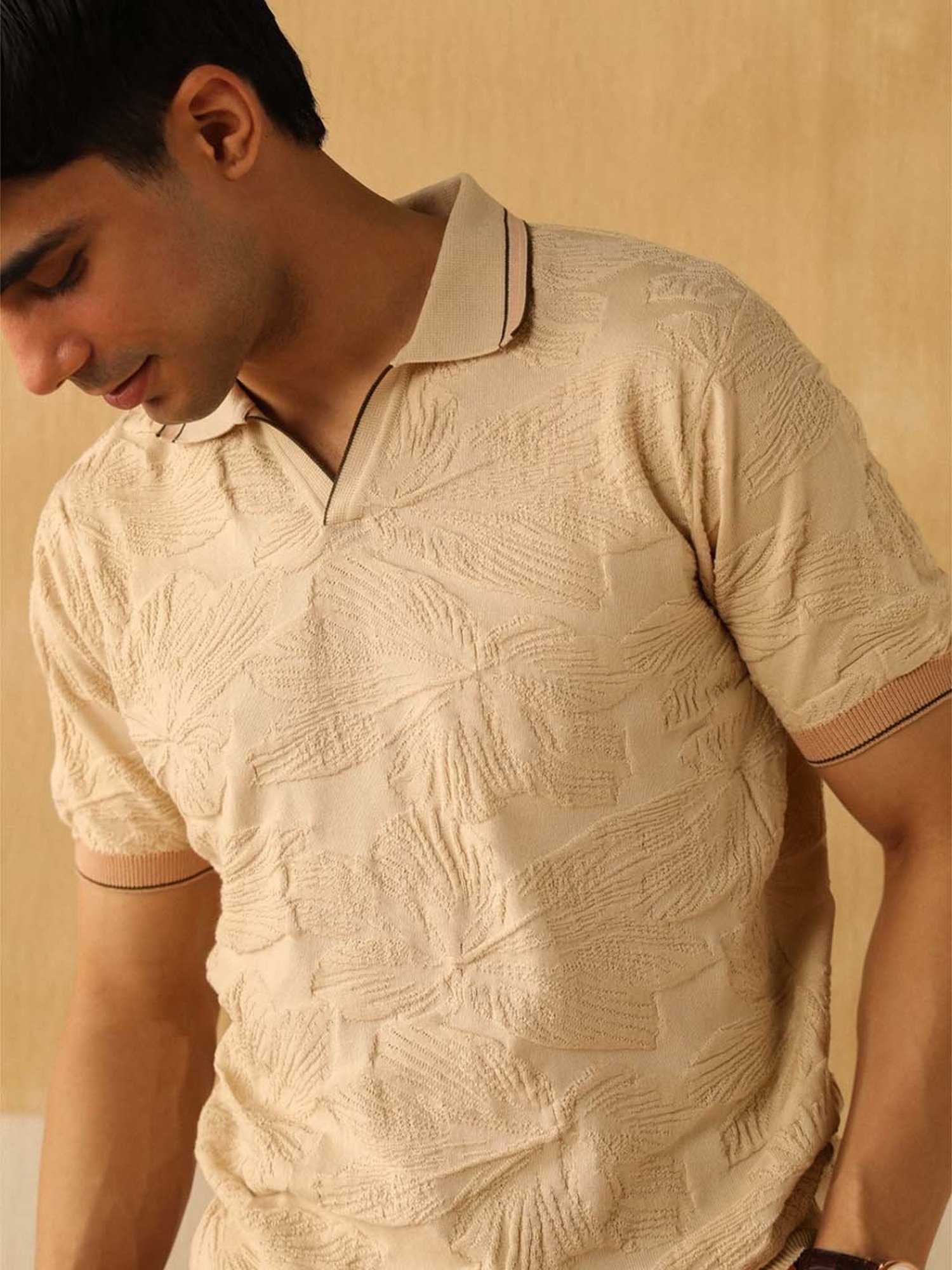 Andamen Off White Cotton Regular Fit Self Pattern Polo T-Shirt