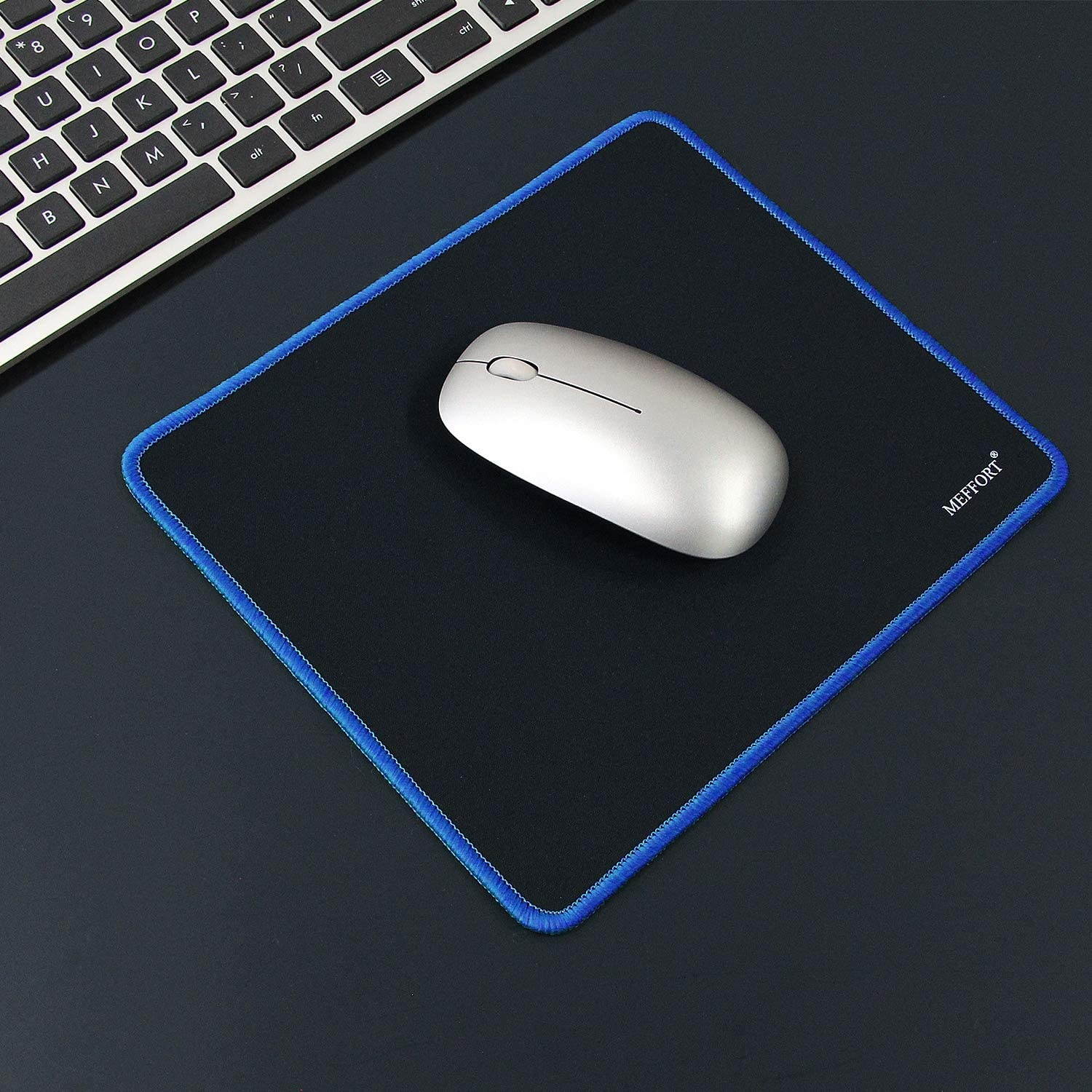 Meffort Inc Precise Gaming Mouse Pad Non-Slip Rubber Pads Stitched Edges Mousepad 9.5 x 7.9 inches - Black with Blue Edges
