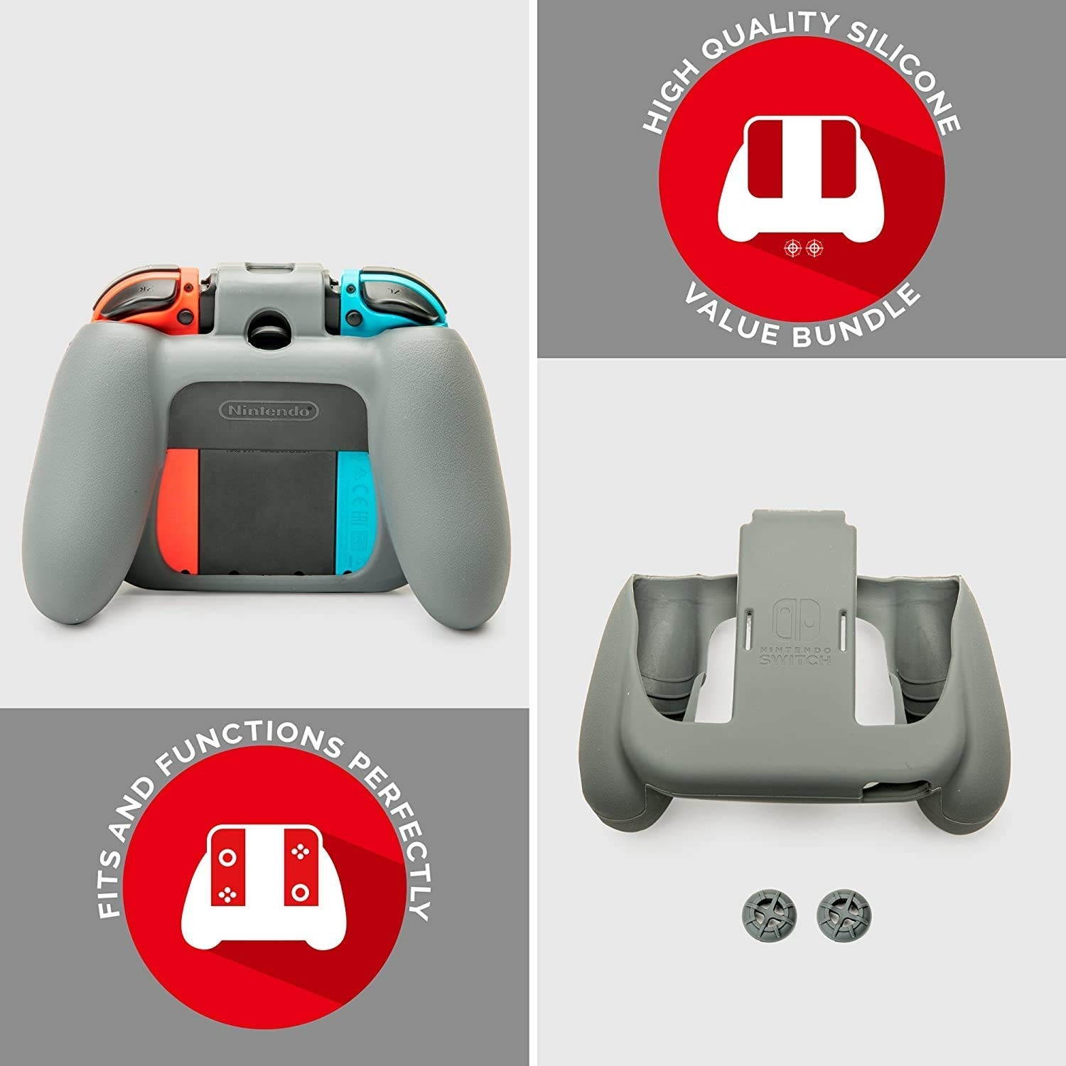 Officially Licensed Nintendo Switch Joy-Con Action Pack Grip and Thumb Buttons &ndash; Neon Red Textured Silicone