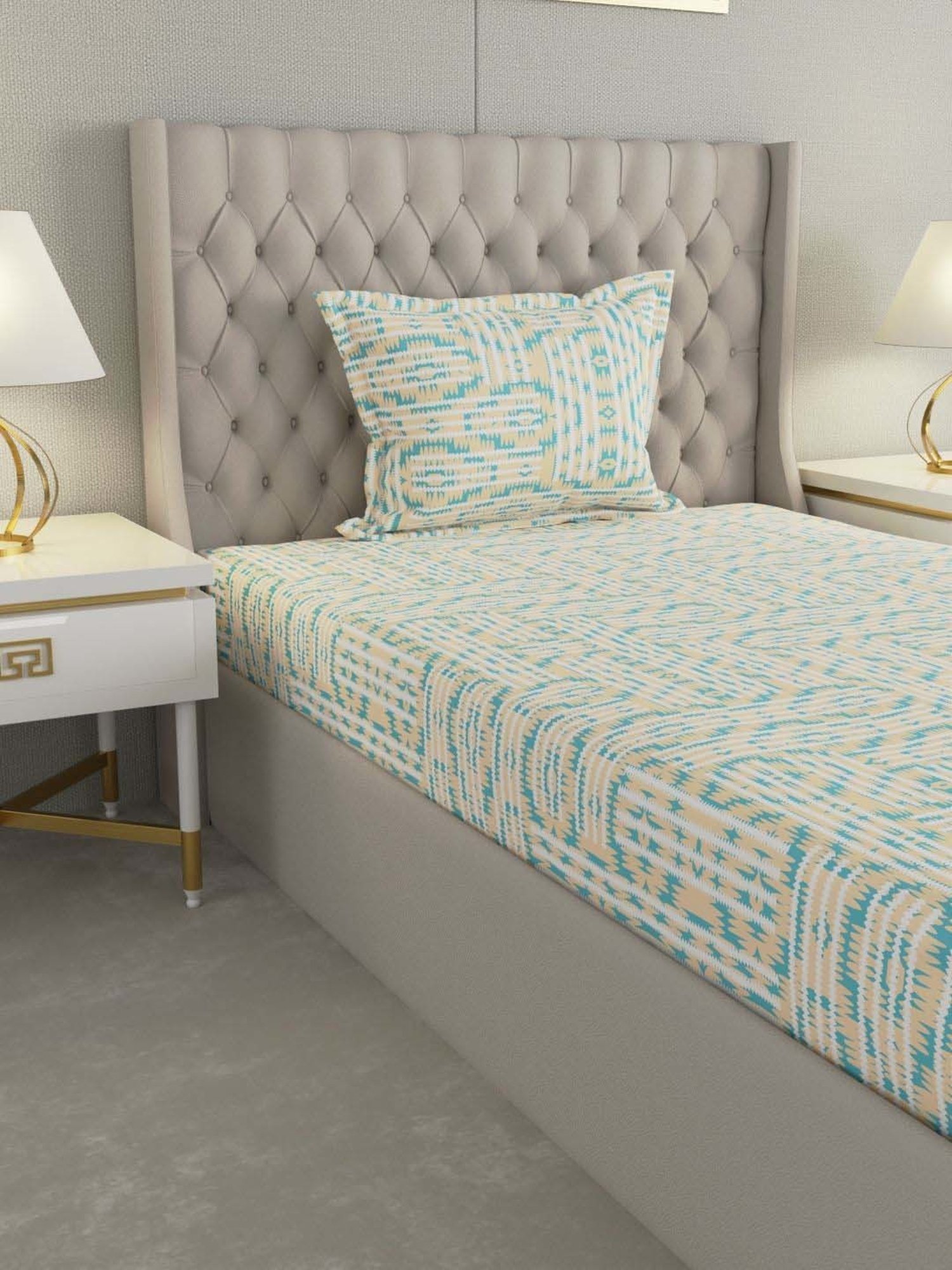 Raymond Home Delight Cream & Green 104 TC Cotton Single Bedsheet with 1 Pillow Cover