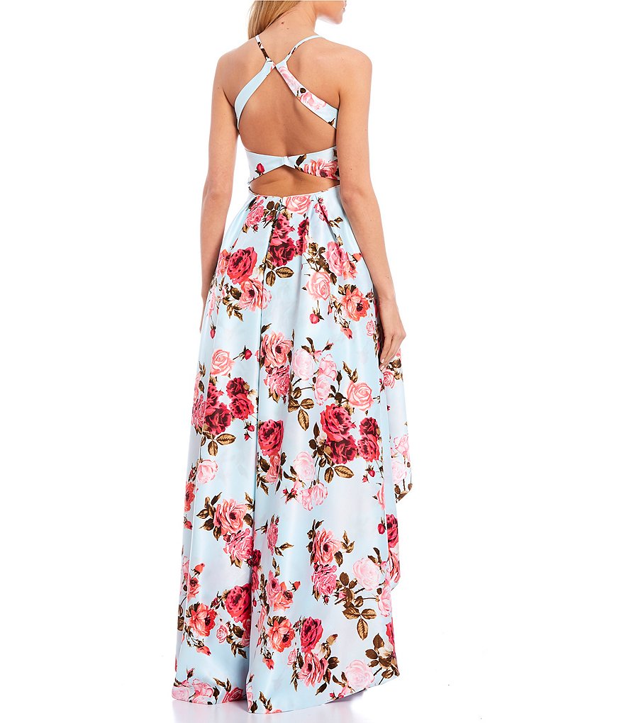 Blondie Nites Spaghetti Strap Floral Print High-How Hem Dress