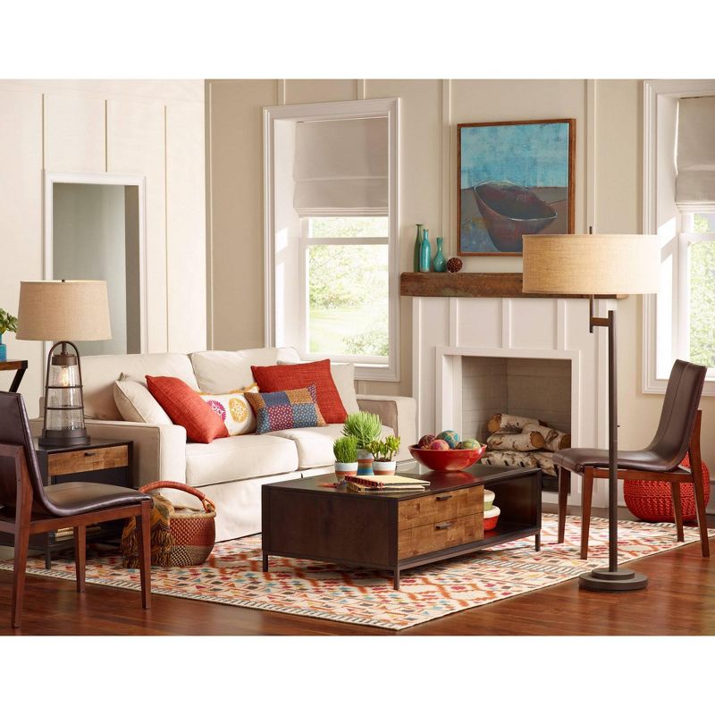 Franklin Iron Works Mid Century Modern Table Lamps Set of 2 Rich Bronze Iron Burlap Fabric Drum Shade for Living Room Bedroom