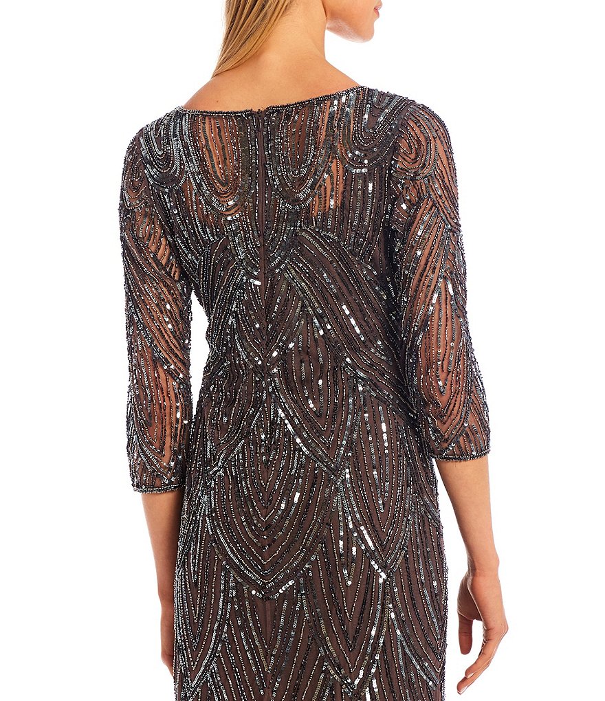 Pisarro Nights Long Sequin 3/4 Sleeve Round Neck Sheath Gown