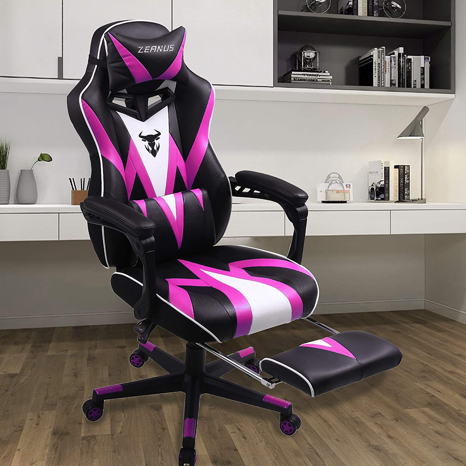 Zeanus Pink Ergonomic Gaming Chair for Girl, Gaming Chair with Footrest, Gaming Chair for Adults, High Back Racing Chair, Computer Chair with Massage, E-Sports Gamer Chair, Big and Tall Gaming Chair