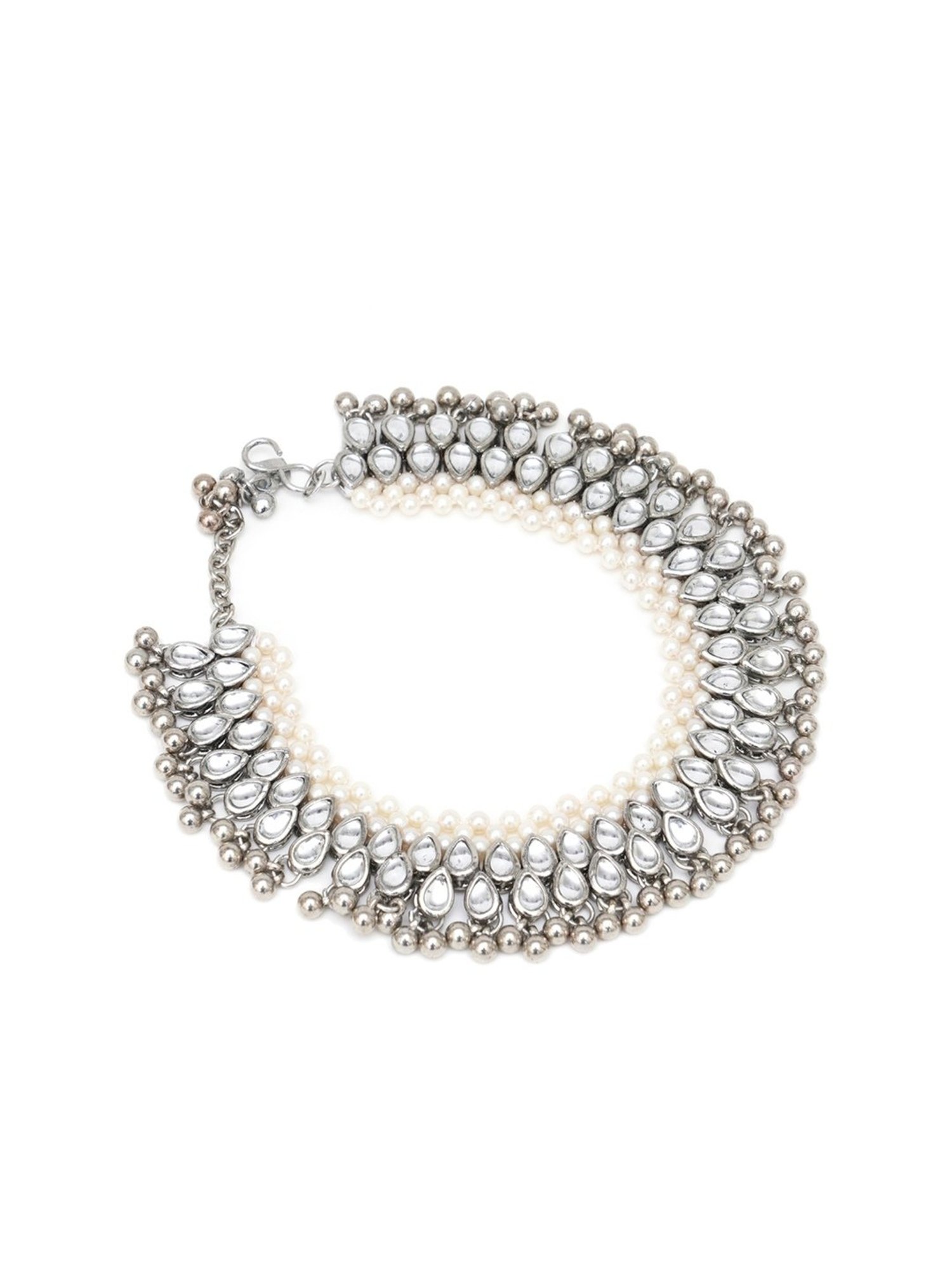 Karatcart Oxidized Silver Pearl and Drop Kundan Studded Anklet for Women