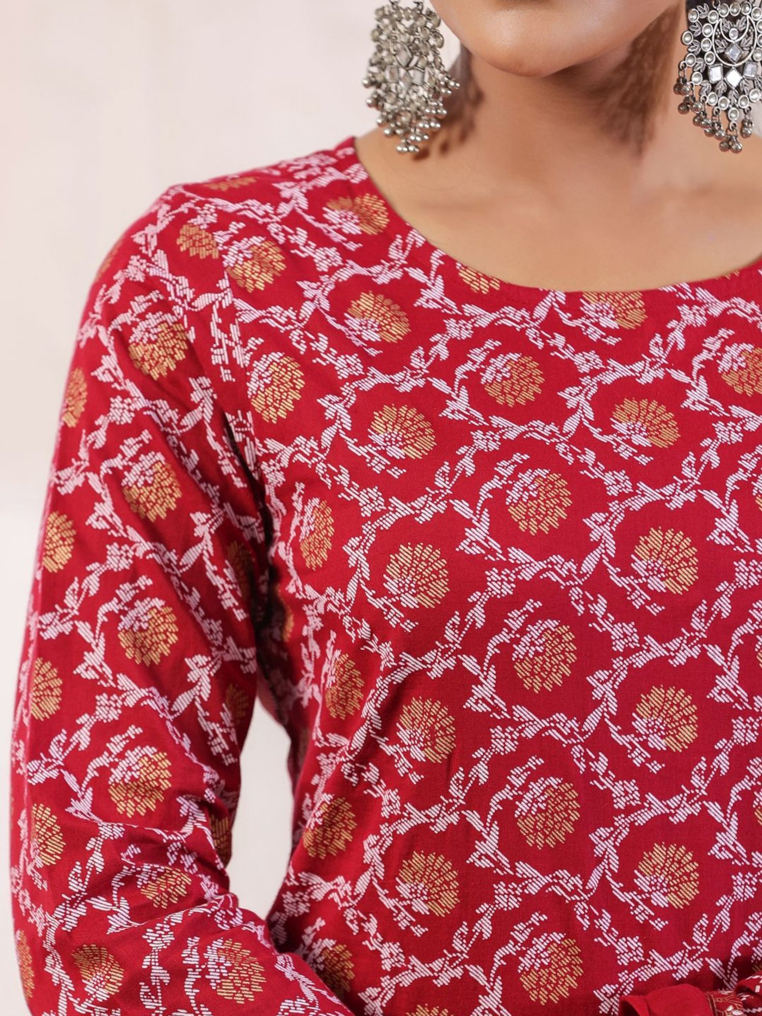 Anubhutee Red Cotton Printed Kurta Pant Set With Dupatta