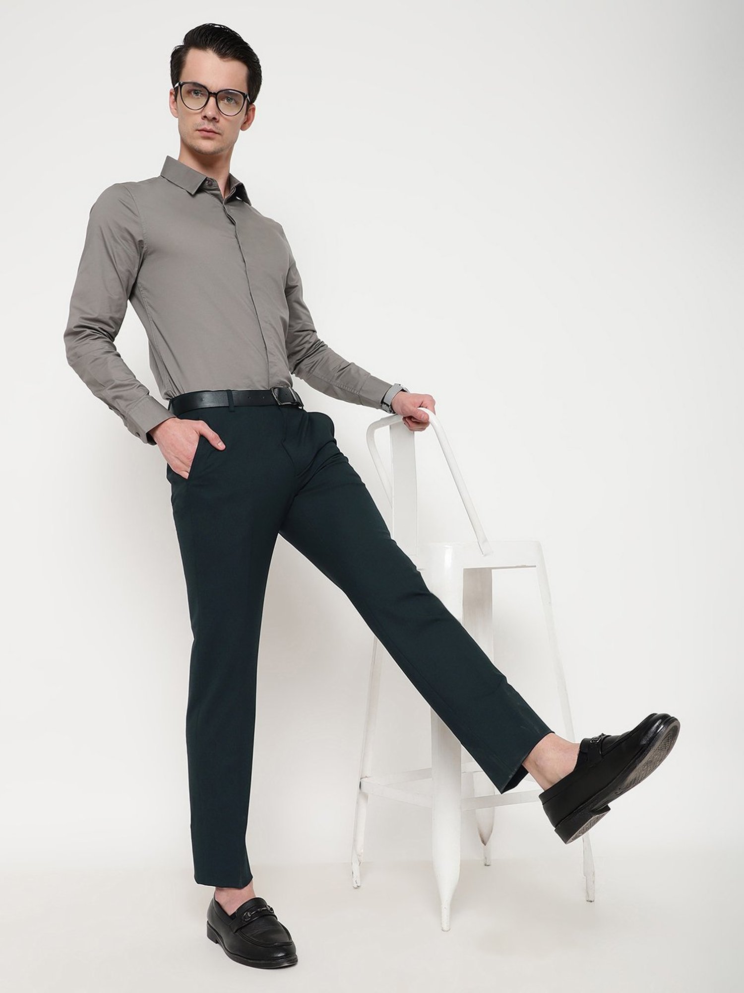 SUBTRACT Bottle Green Slim Fit Flat Front Trousers