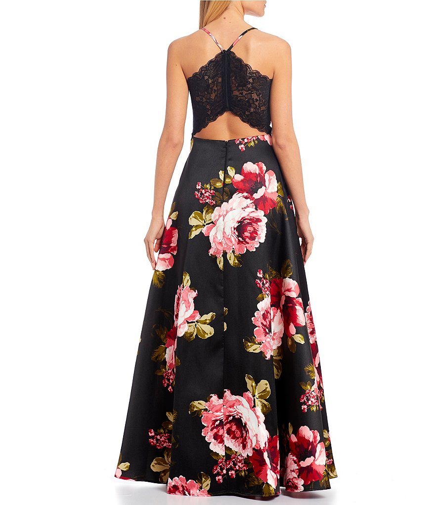 Sequin Hearts Satin Spaghetti Strap Lace-Bra-Back Floral Ball Gown