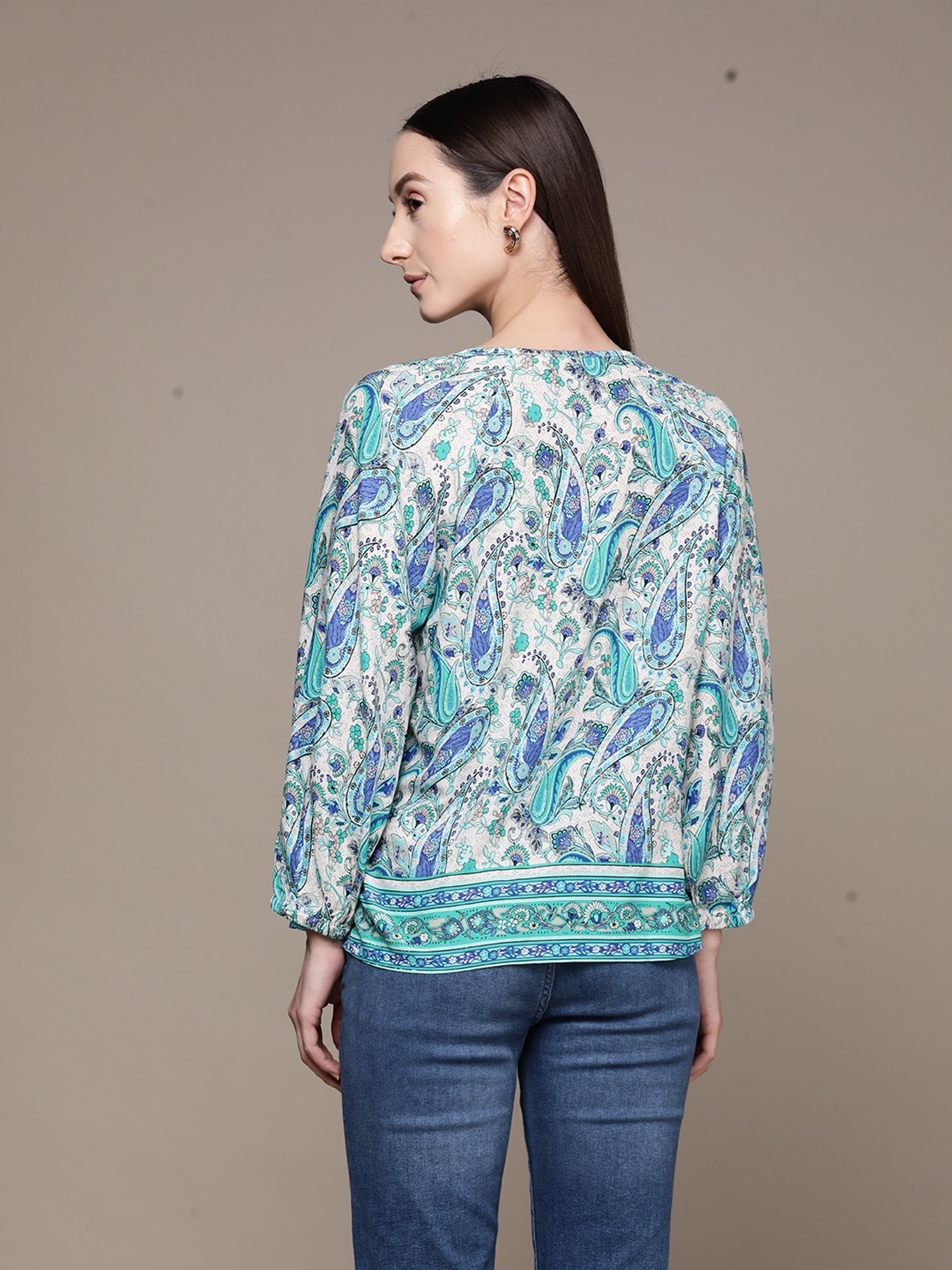 Label Ritu Kumar Blue Rayon Botanic Print Top