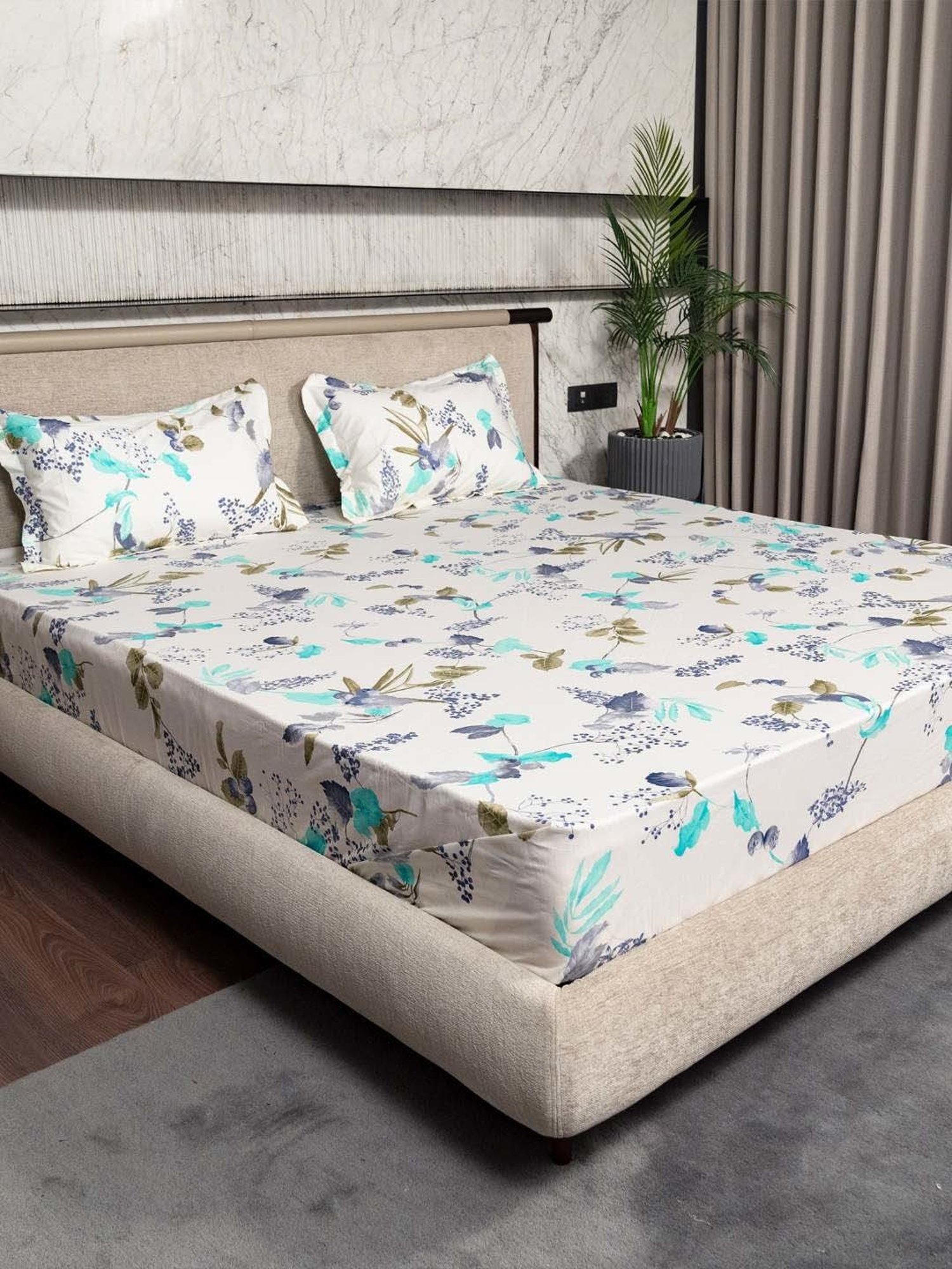 Urban Space Regal Blue Cotton 200 TC Queen Size Bedsheet With Pillow Covers