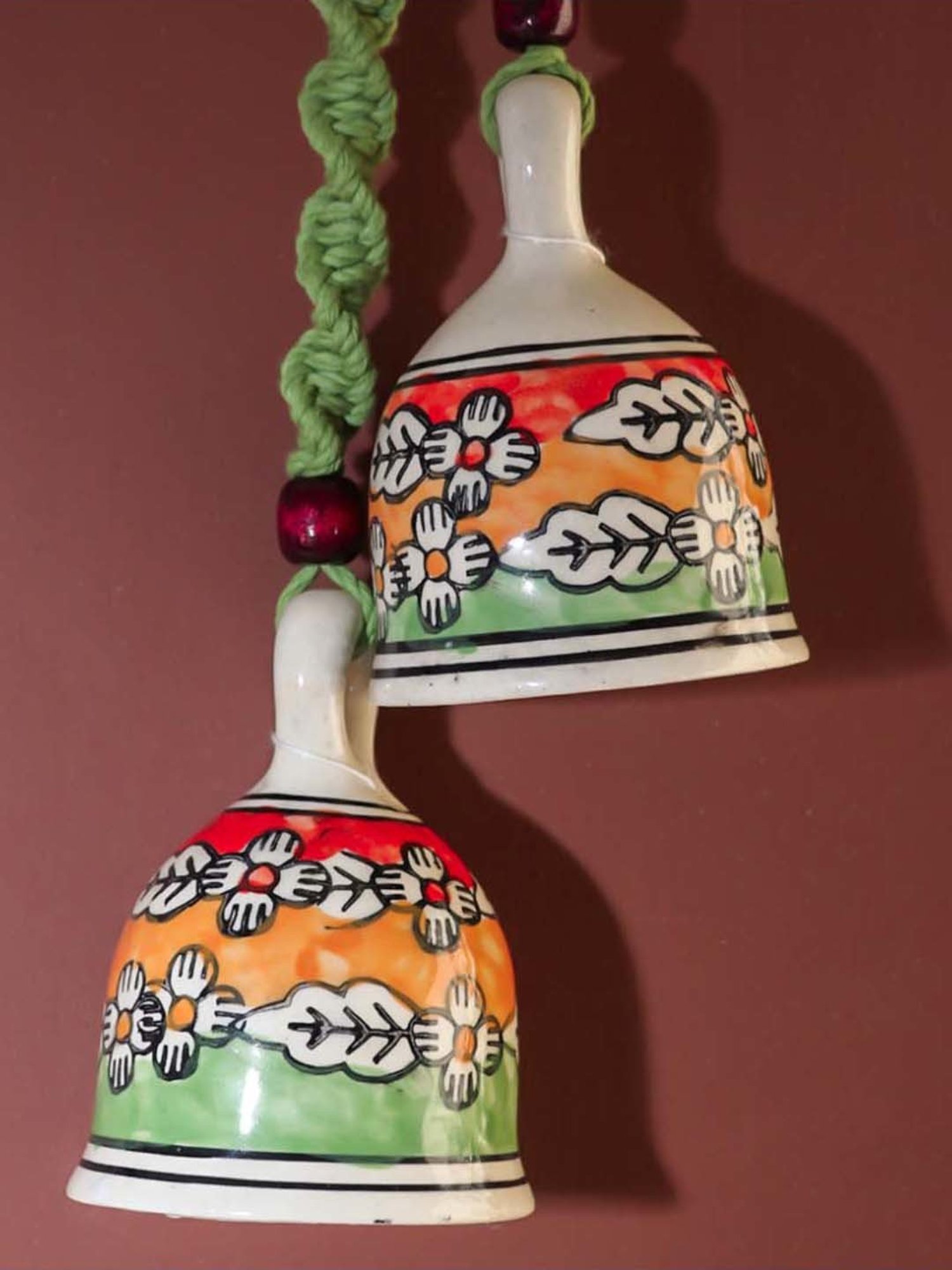 Gathari Green Ceramic Wall Hanging Macrame Bells - Set of 2