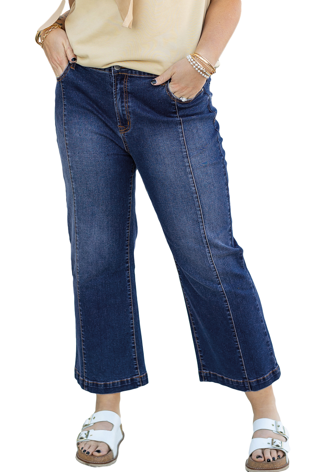 Dark Blue Plus Size Stitching Washed Flare Jeans