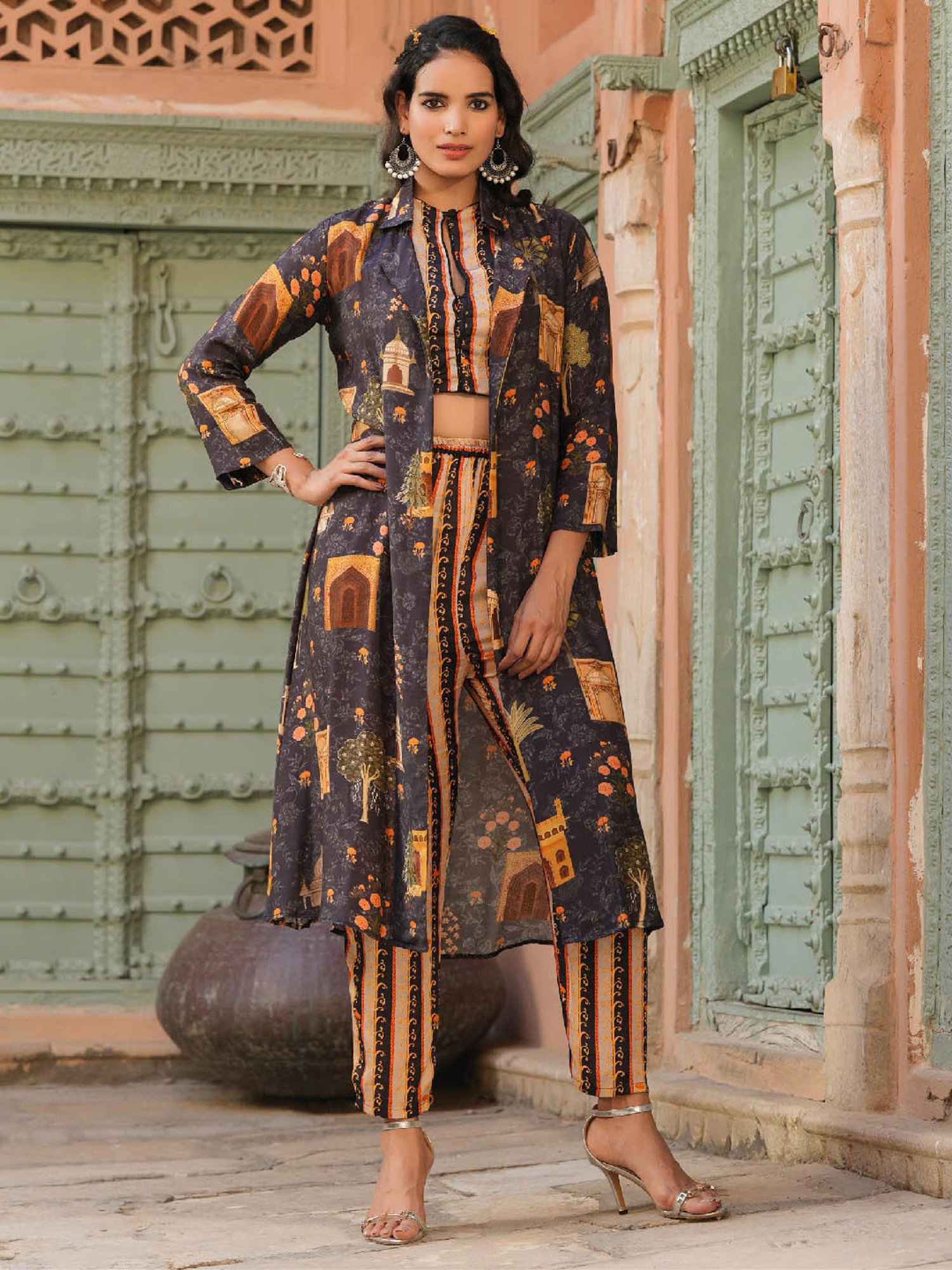 SCAKHI Multicolor Print Satin Crop Top Pant Set With Long Shrug