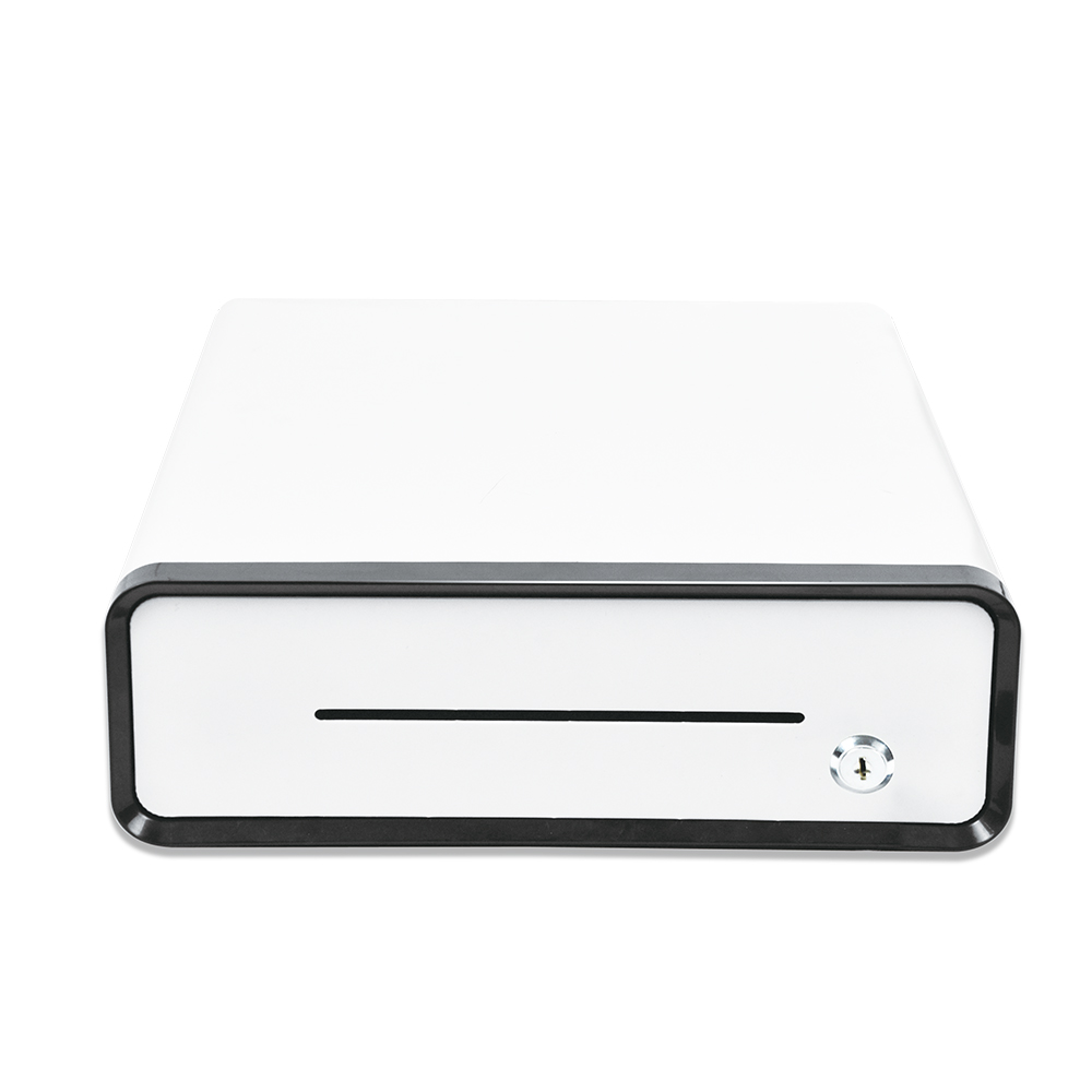 Beelta Mini Cash Register Drawer 13&rdquo; for Point of Sale (POS) System with Fully Removable Cash Tray, 5 Bill slots / 5 Coin slots, 24V, RJ11/RJ12 Key-Lock, Media Slot, SPCC, White