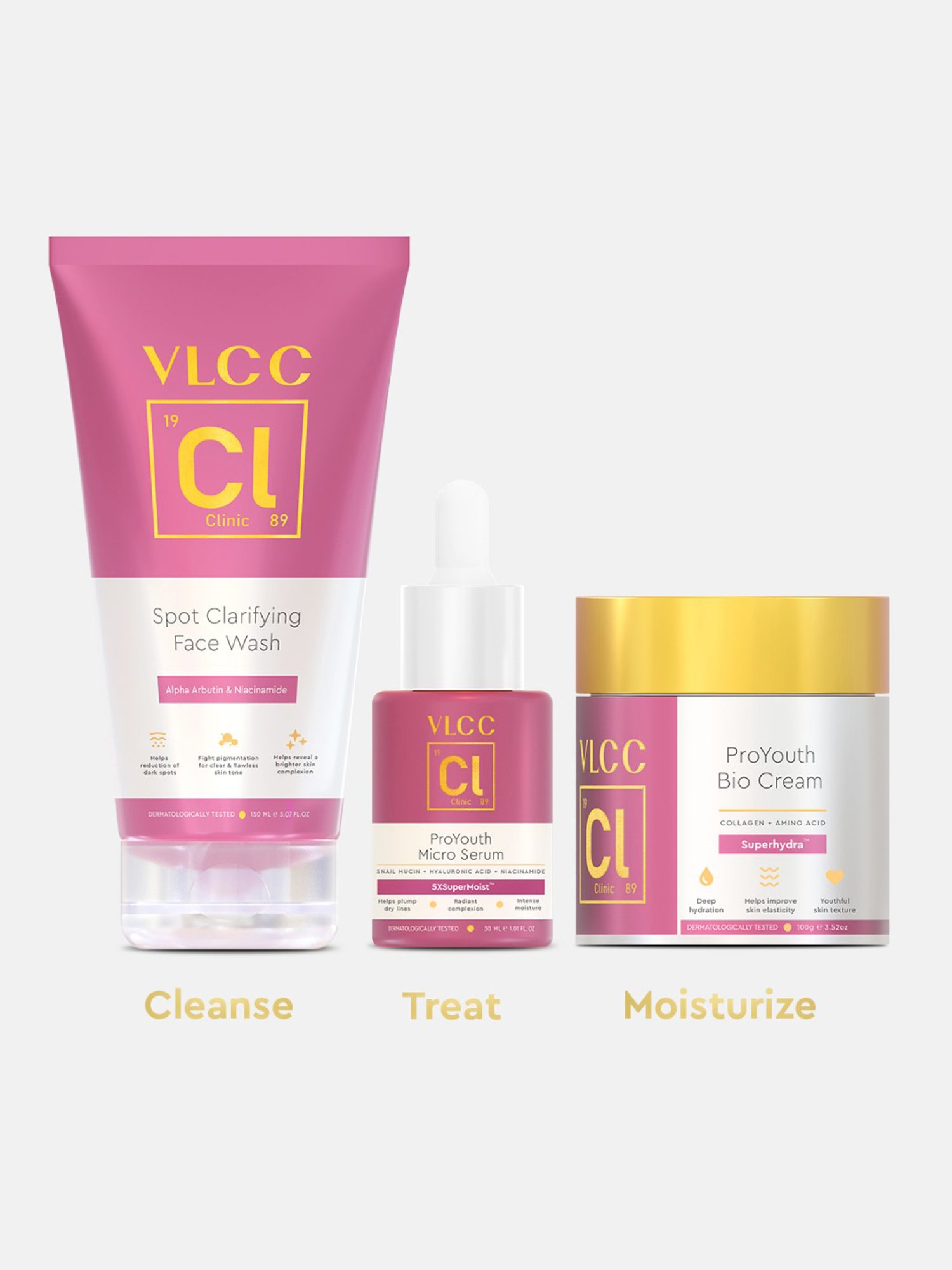 VLCC Clinic Spot Clarifying Face Wash, ProYouth Micro Serum & Bio Cream Combo